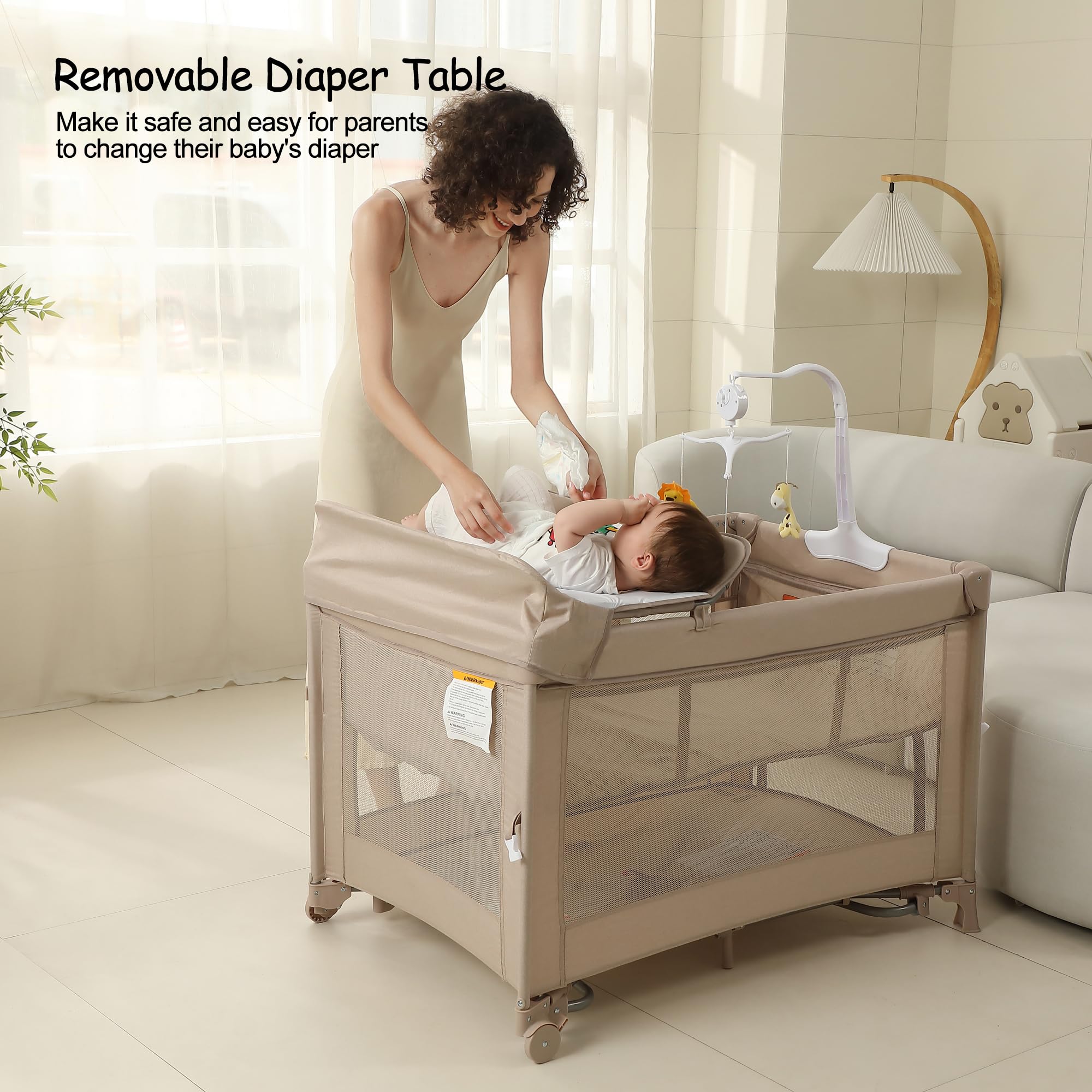 5-in-1 Baby Playard with Bassinet & Changing Table - Portable Foldable Travel Crib for Newborn to Toddler - Bedside Sleeper & Playpen for Nursery, Bedroom & Travel (Beige)