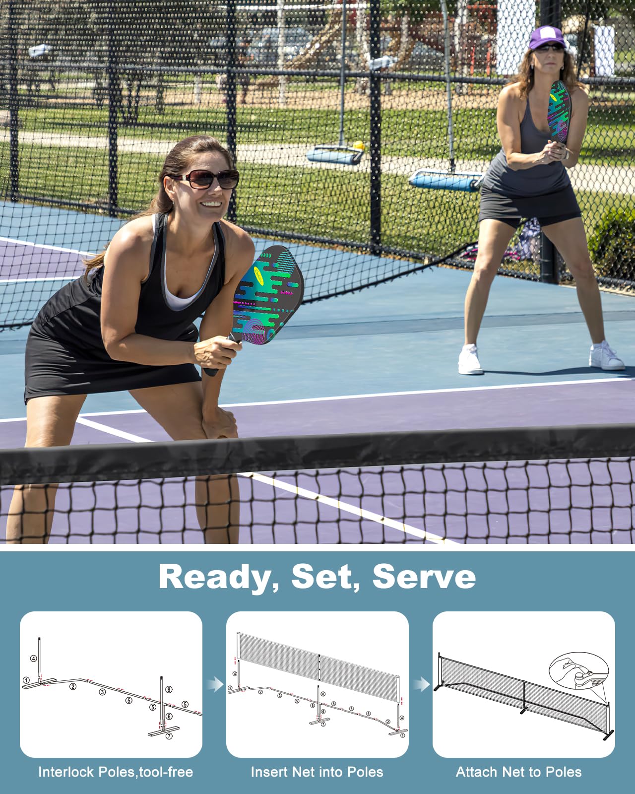 Portable Pickleball Net Set with Wheels - 11ft & 22ft Regulation Size Net, 4 Balls & Paddles Included - Heavy Duty Frame for Backyard, Driveway & Outdoor Sports - Perfect for Family Games, Tournaments and Backyard Fun