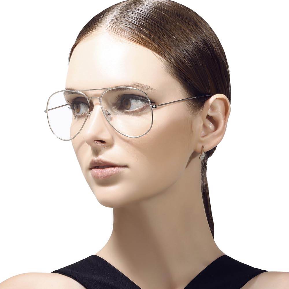 Junsika Blue Light Blocking Glasses for Women & Men - Classic Aviator Style Computer Glasses with Clear Lens & Metal Frame - Reduce Eye Strain for Gaming, Office Work & Screen Use