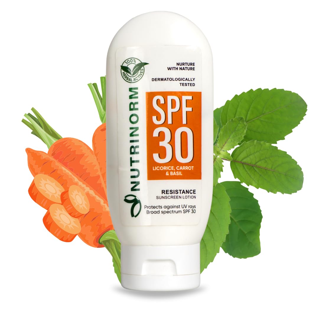 NUTRINORM SPF 30 Sunscreen Lotion - Paraben Free, 100% Herbal Actives with Carrot Seed & Tulsi Oil | Daily Moisturizer & Sun Protection for Face & Body | Perfect for Beach, Outdoor & Daily Use - 100g