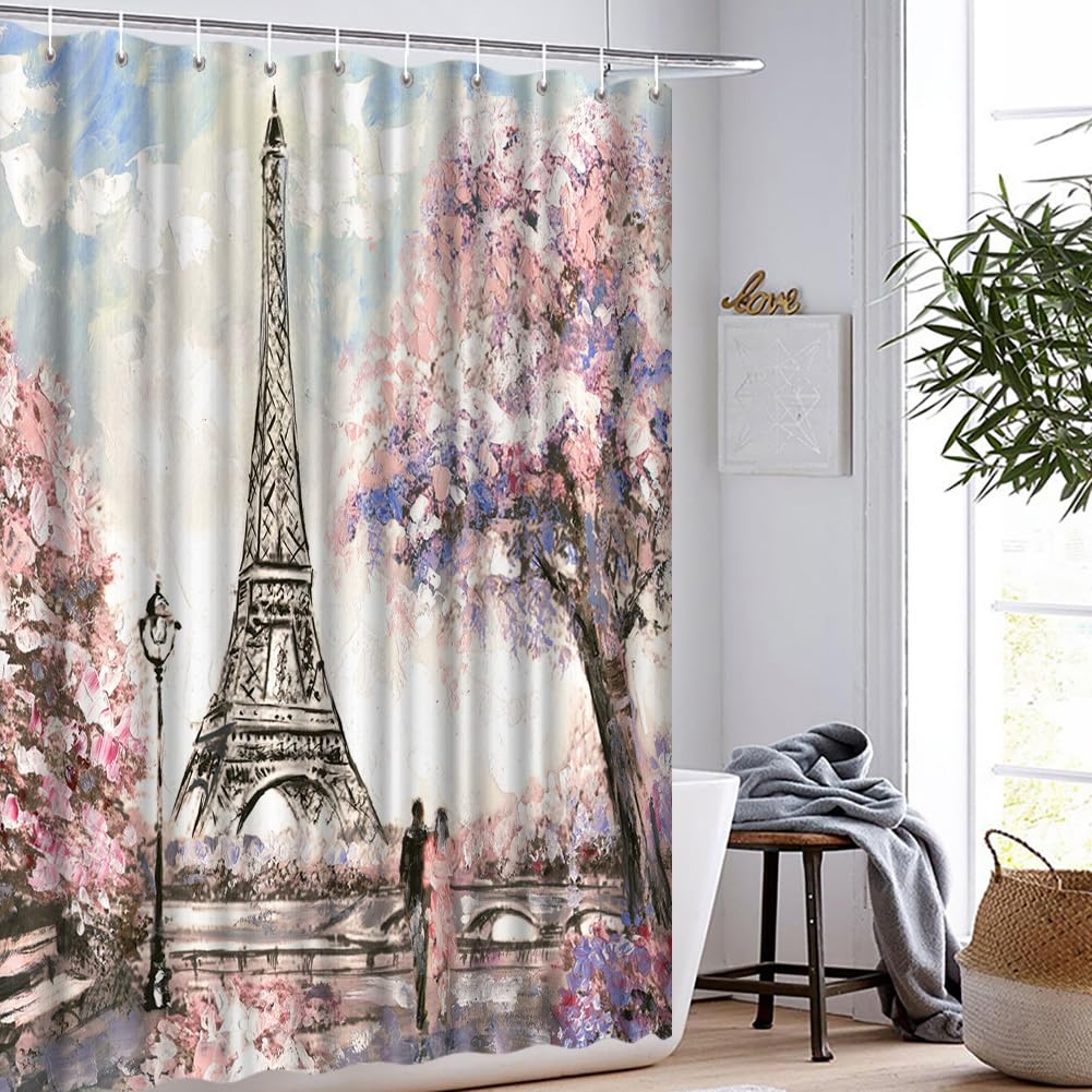 Paris Shower Curtain - Sakura Blossom Landscape Pink Romantic Waterproof Fabric Bathroom Decor with 12 Hooks (72x72 Inches) for Elegant Bathroom & Spa Style Upgrade