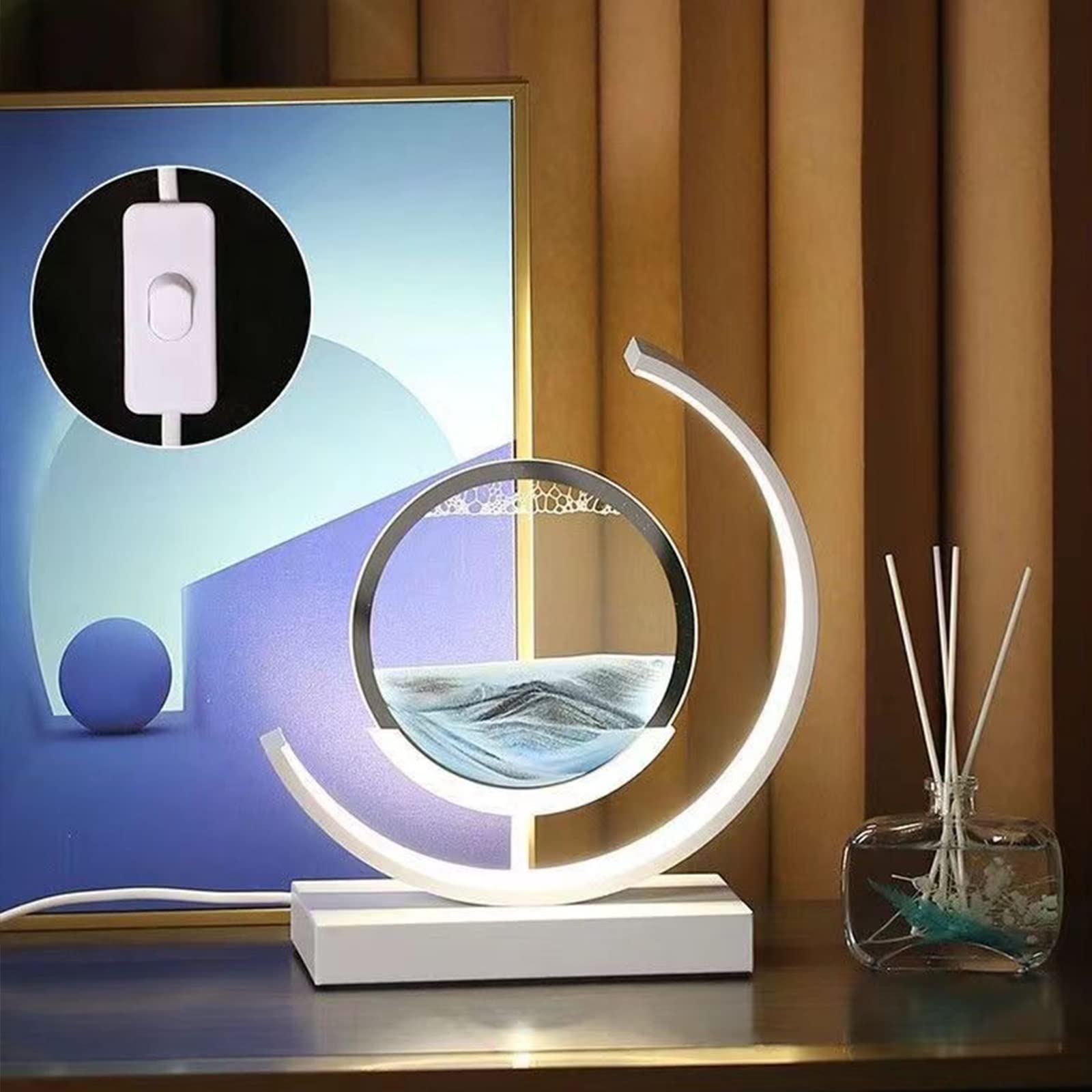 3D Quicksand LED Table Lamp - Dynamic Sand Art Night Light for Bedroom, Office & Home Decor | Blue Glass Desk Lamp (25x29cm) - Perfect for Relaxation, Meditation & Stress Relief