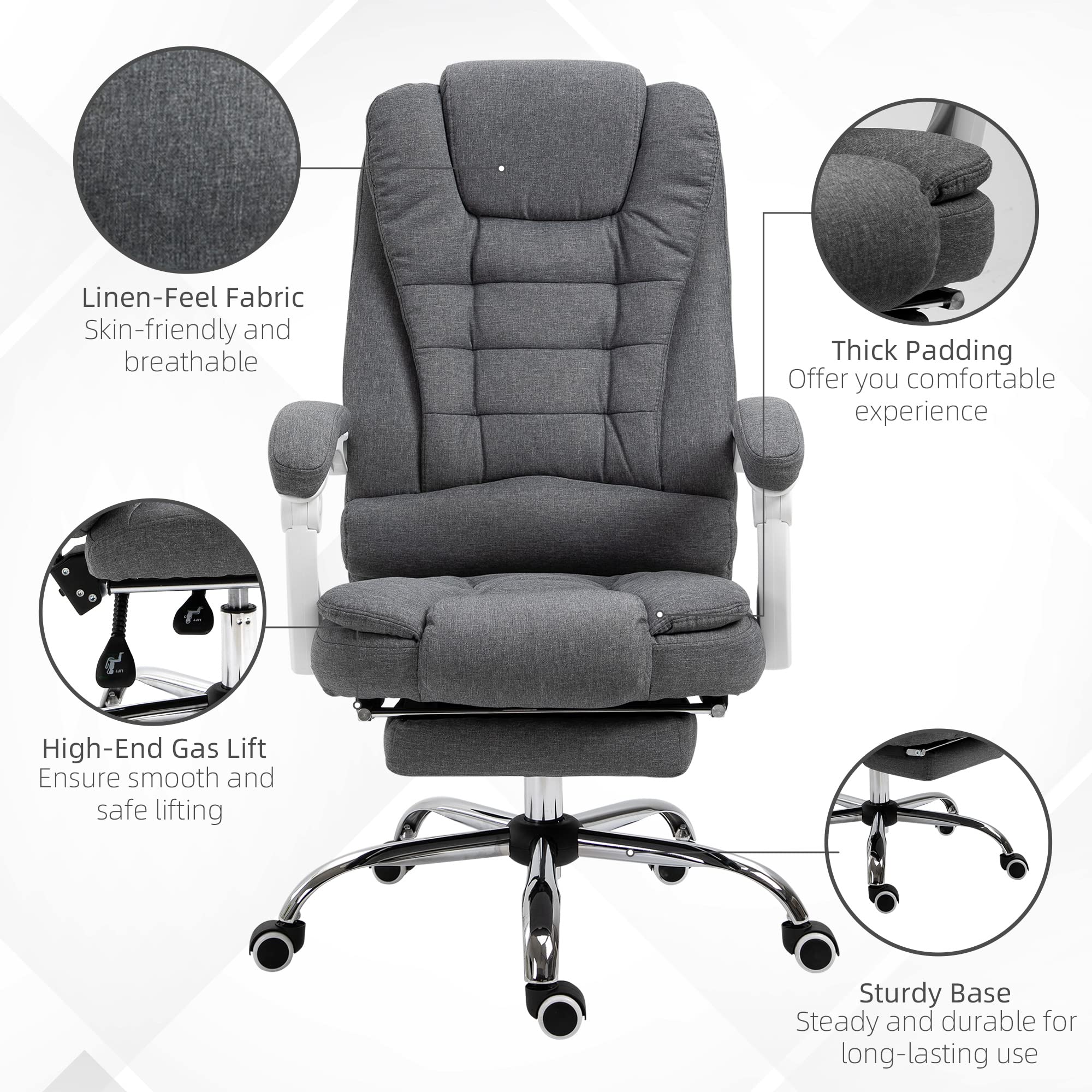 Vinsetto Ergonomic High-Back Executive Office Chair with Adjustable Footrest - Breathable Linen Fabric Computer Desk Chair with Padded Armrests - Gray - Perfect for Home Office, Gaming & Workspaces