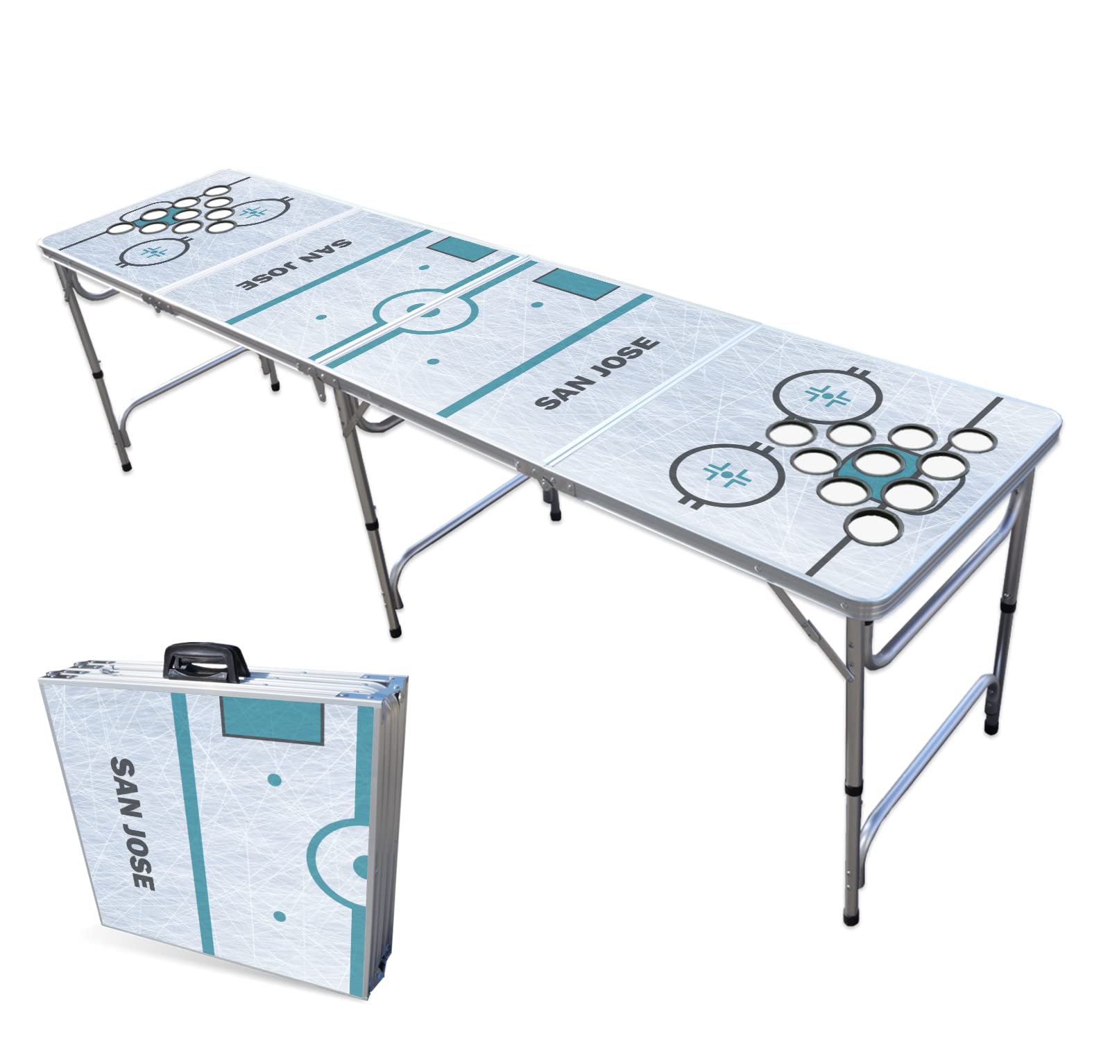 8-Foot Folding Portable Beer Pong Table with Optional Cup Holes & LED Lights - San Jose Hockey Rink Edition (Choose Your Model) - Perfect for Backyard Parties, Tailgating & College Events