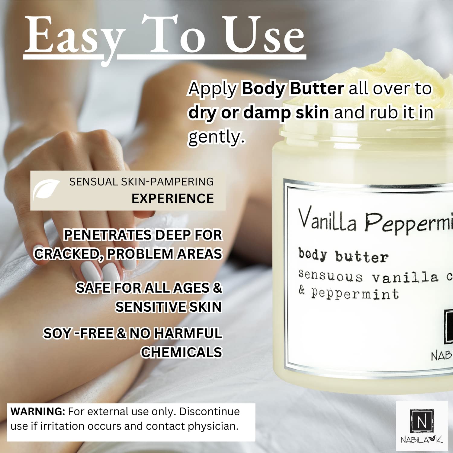 Natural Vanilla & Peppermint Body Butter - Deep Moisturizing & Hydrating Daily Skin Care Cream with Organic Ingredients - 2 oz - Perfect for Dry Skin & Post-Shower Hydration
