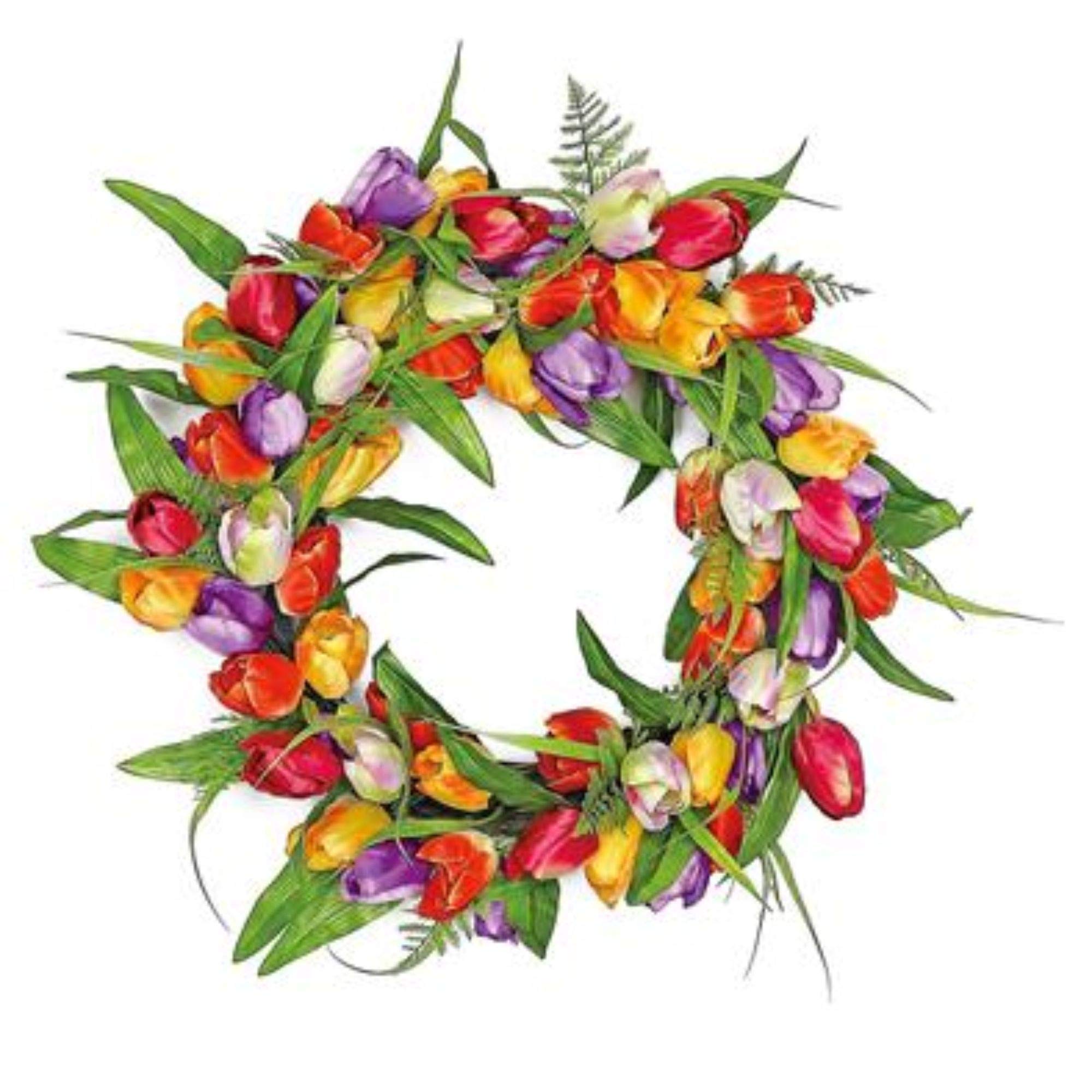 20-Inch Mixed Tulips and Ferns Artificial Spring Floral Wreath - Green and Red Decor for Door, Wall, or Table Centerpiece | Seasonal Home Decor