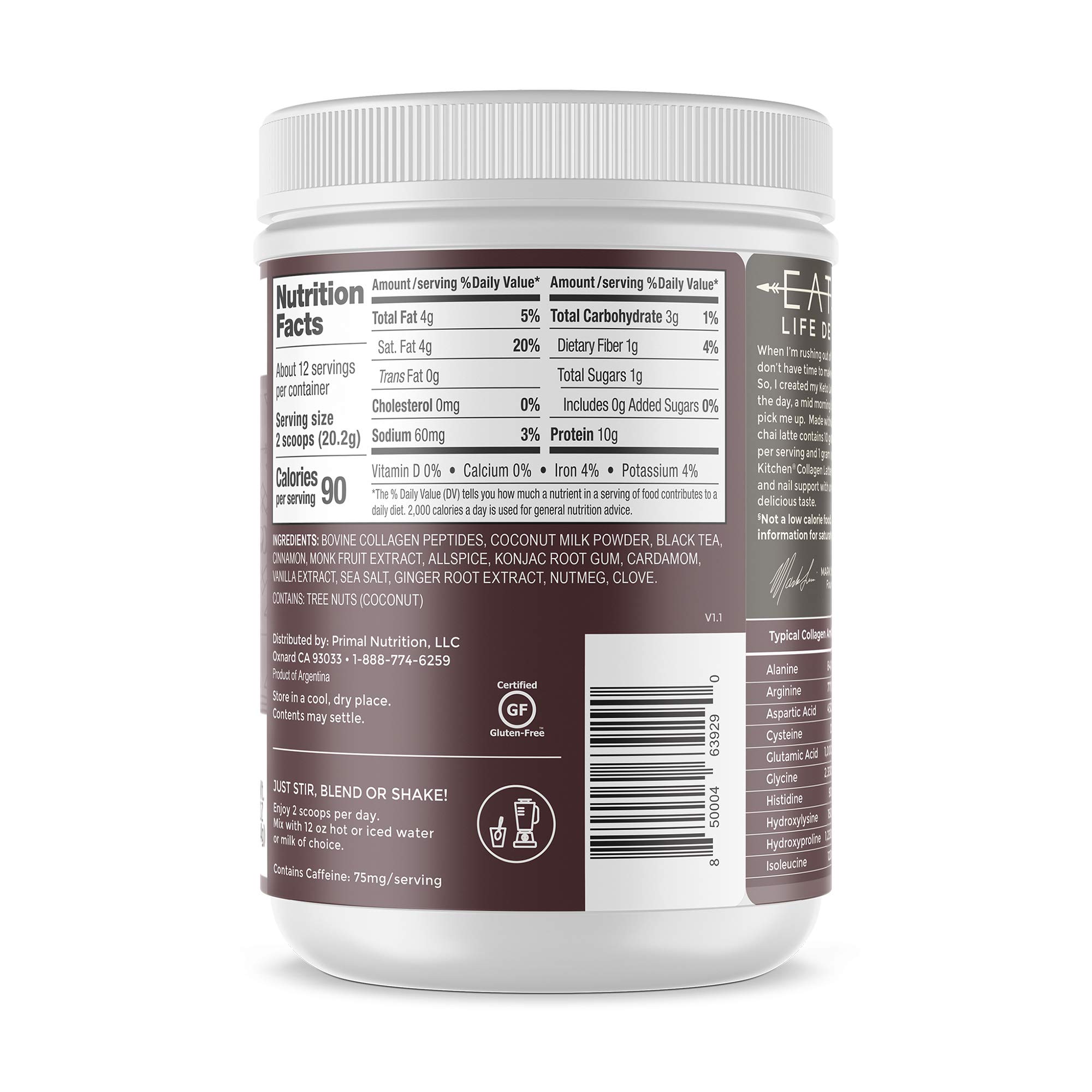 Primal Kitchen Chai Tea Collagen Keto Latte Powder - Collagen Peptide Drink Mix for Energy & Skin Health (8.55 oz) | Perfect for Keto Diet, Morning Boost & Post-Workout Recovery