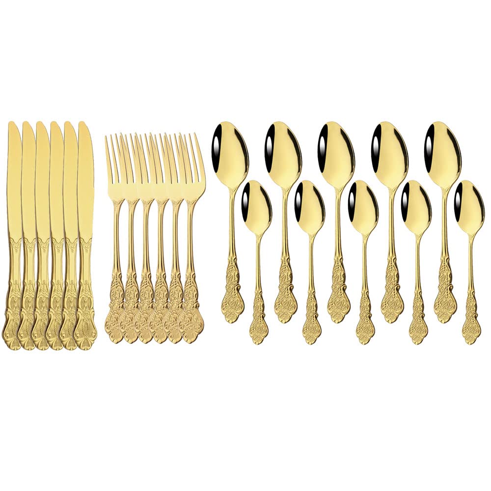 JASHII Retro Palace Coffee Spoon Flatware Set - 6-Piece Unique Stainless Steel Cutlery for Kitchen, Dining & Bar | Dishwasher Safe Shiny Gold Tableware | Perfect for Coffee Shops, Tea Parties & Vintage-Themed Gatherings