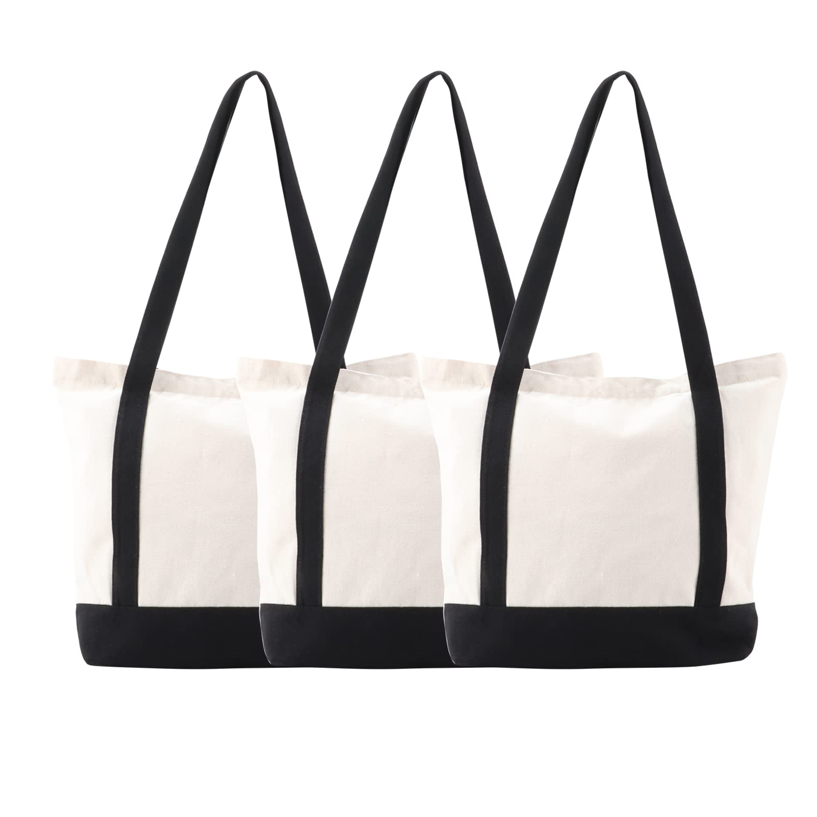 Heavy Duty Canvas Tote Bags - 3 Pack Zippered Reusable Grocery Shopping Bags, 16.5