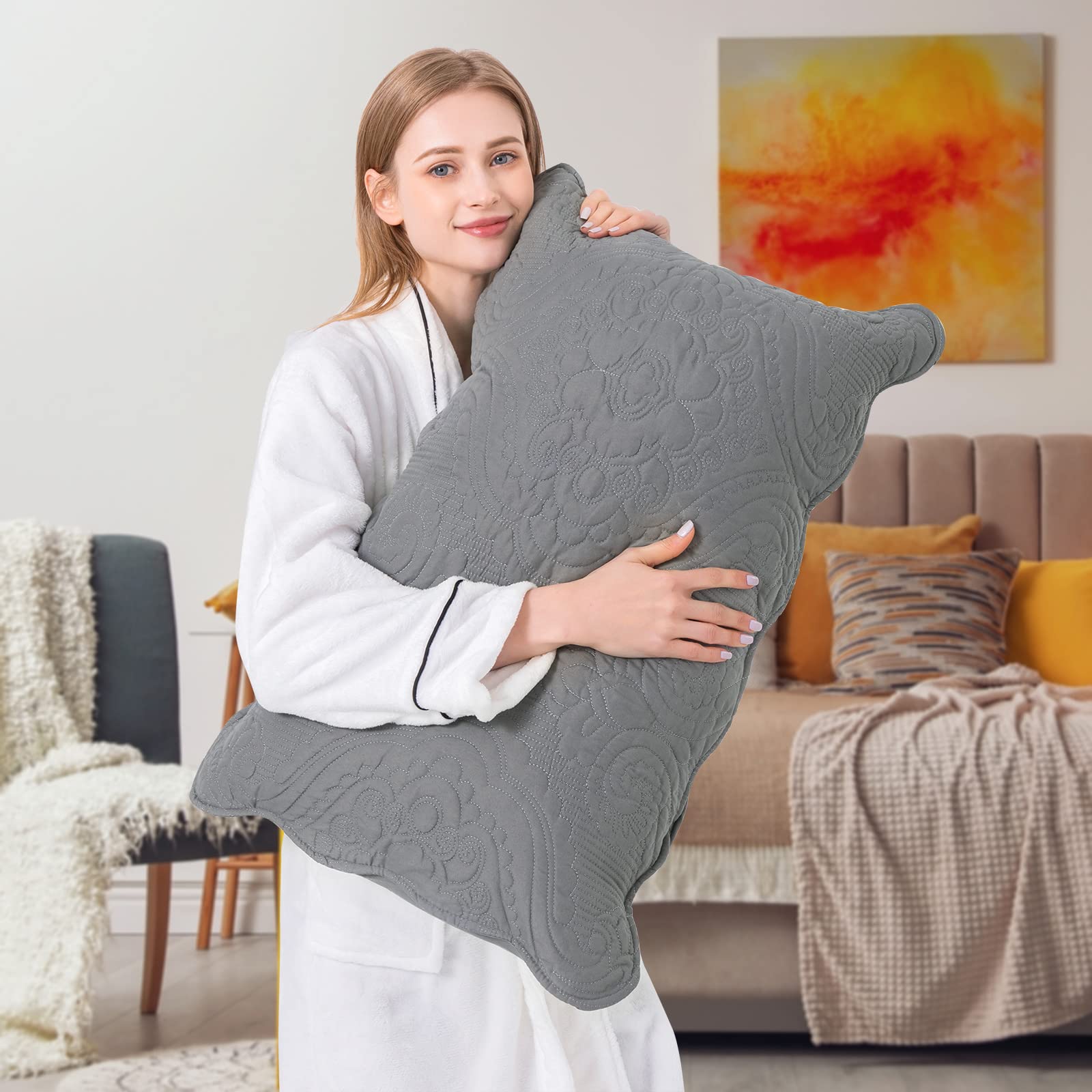 BOSOWOS 2-Pack Quilted Pillow Shams - Soft Breathable Microfiber Standard Pillow Covers with Envelope Closure (Grey, 20x26 Inches) - Perfect for Bedroom Decor, Guest Rooms & Cozy Home Styling