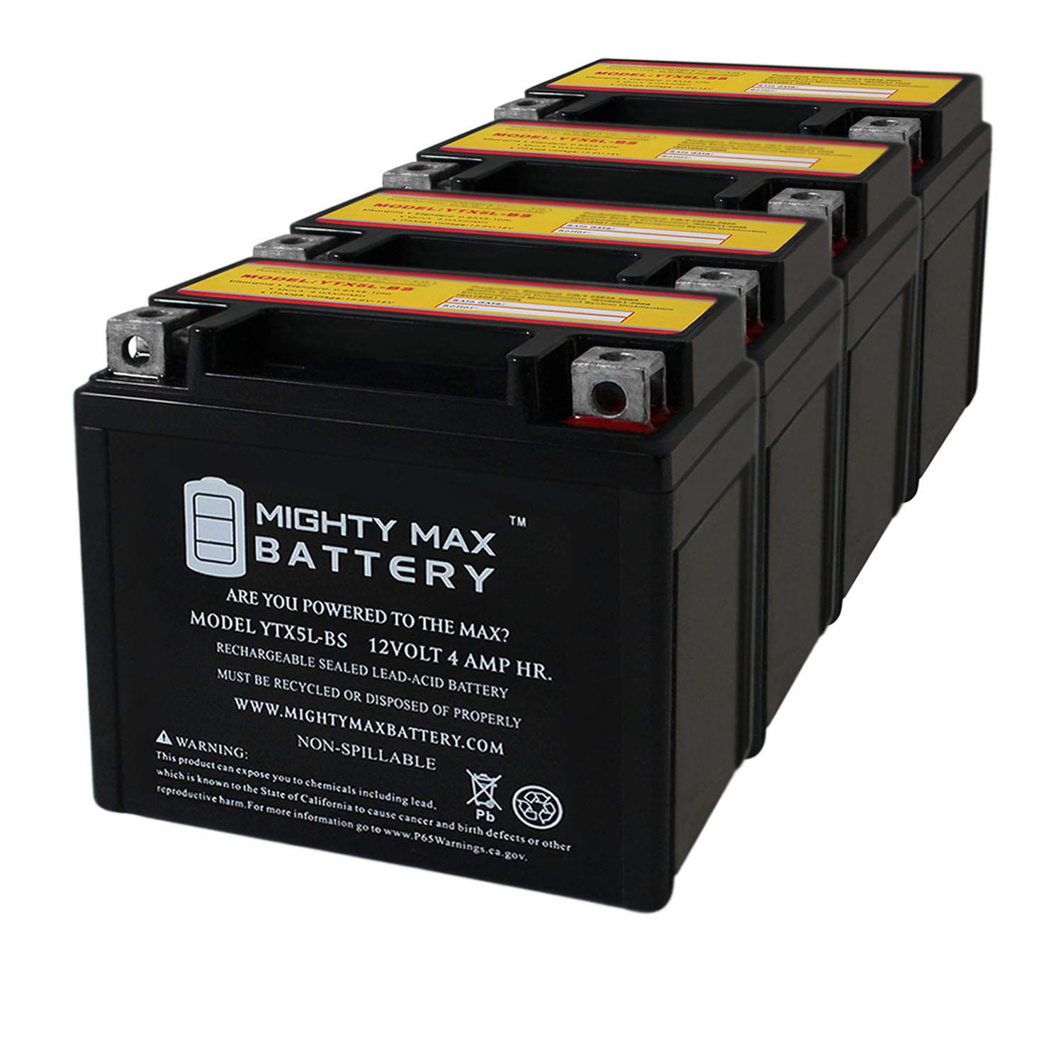 Mighty Max Battery YTX5L-BS 12V 4AH Replacement Battery for Yatch CT5L-BS - 4 Pack | Compatible with Motorcycles, ATVs, Scooters & Power Sports Vehicles