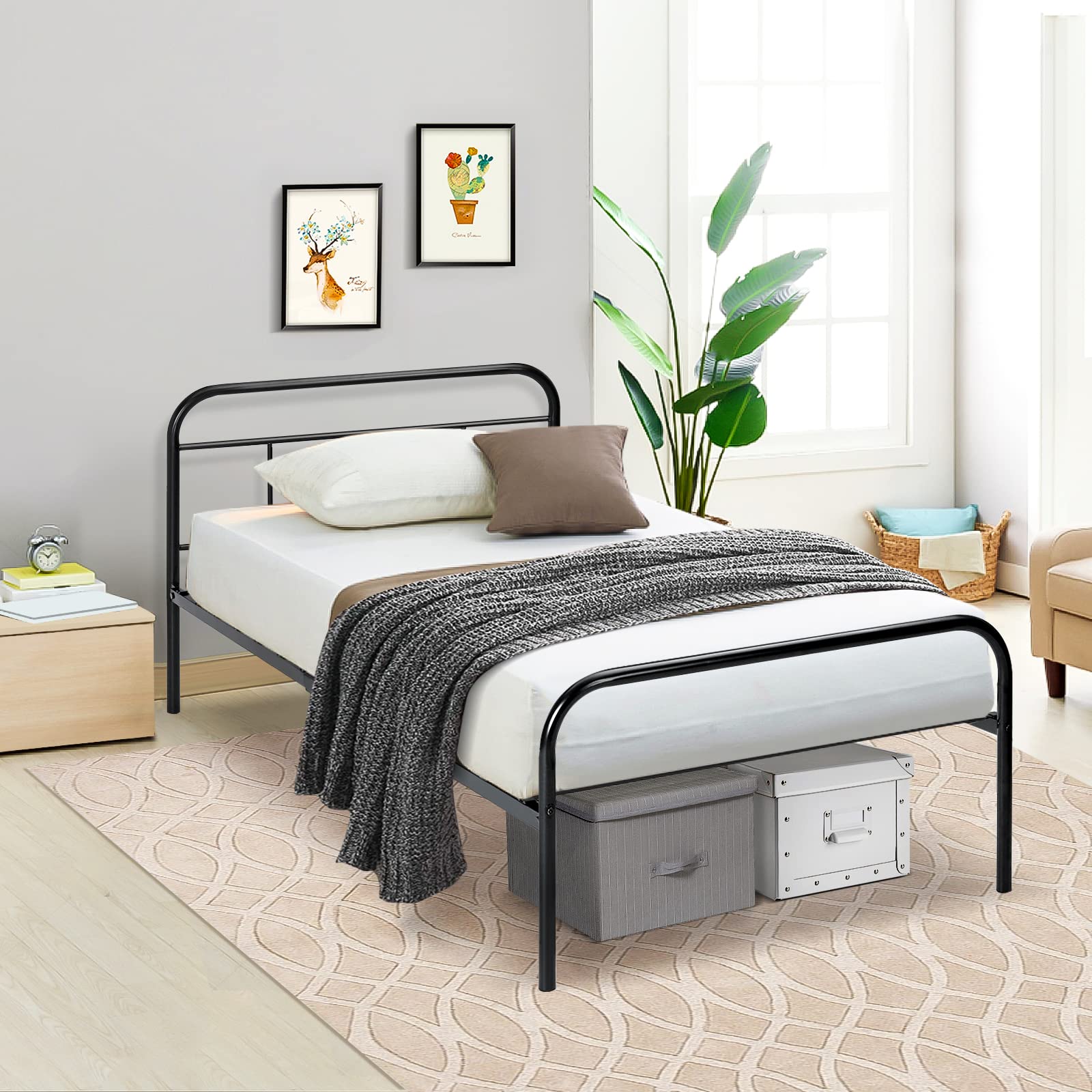 13 Inch Twin Bed Frame with Headboard & Footboard - Heavy Duty Wrought Iron Metal Platform Bed for Kids, No Box Spring Needed, Sturdy Steel Slats & Storage Space - Perfect for Kids' Bedrooms, Guest Rooms & Small Spaces