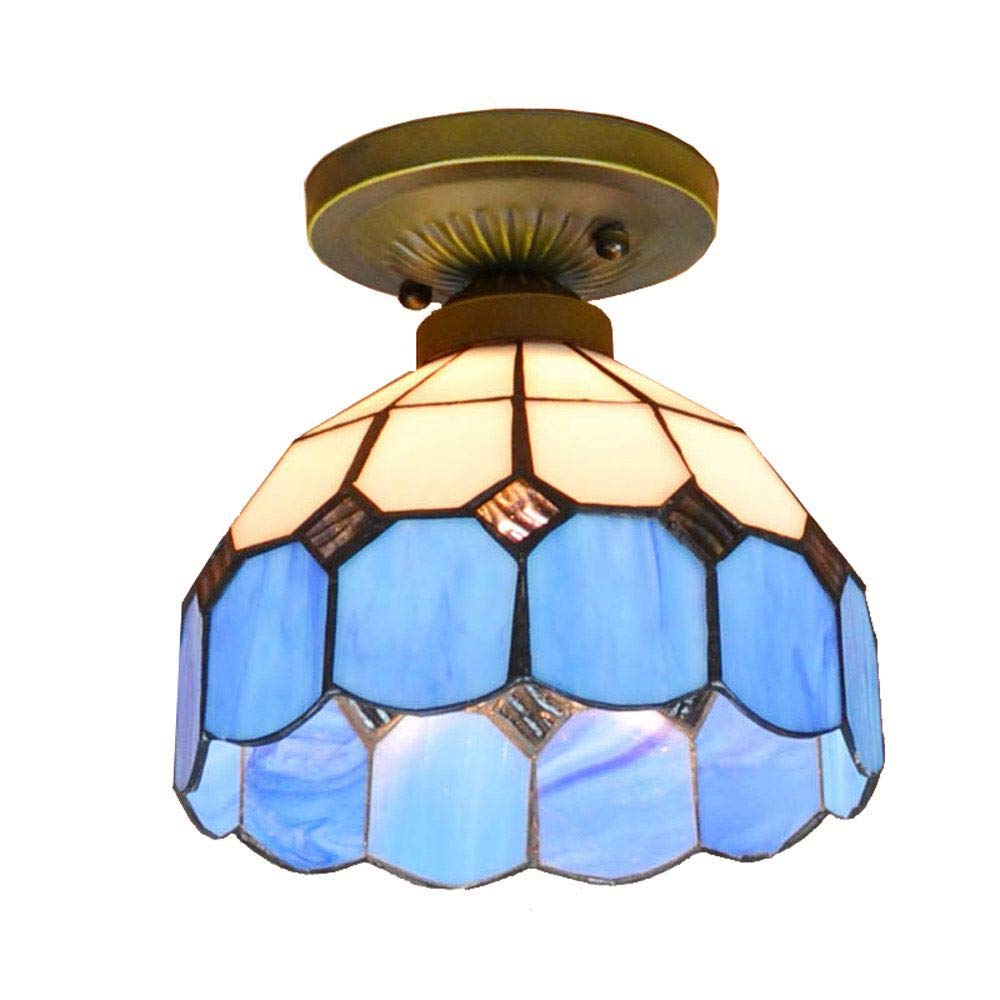 Mediterranean Style Tiffany Glass Ceiling Light Fixture - White & Blue Grid Design for Entrance, Balcony, Hallway & Bedroom - 4 Color Options - Perfect for Home Decor, Living Room & Dining Room Lighting