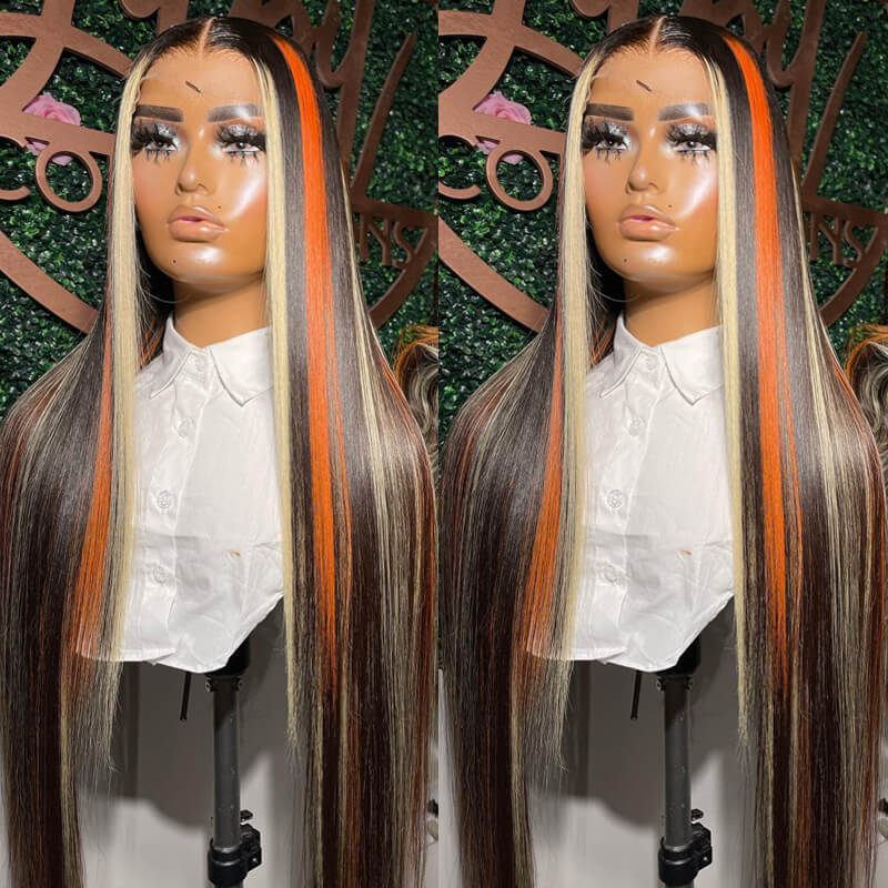 Eullair Black Red Blonde Body Wave Wig with Blue Orange Balayage Highlights - 3 Color Straight Lace Frontal Human Hair Wig for Cosplay, Halloween & Daily Fashion