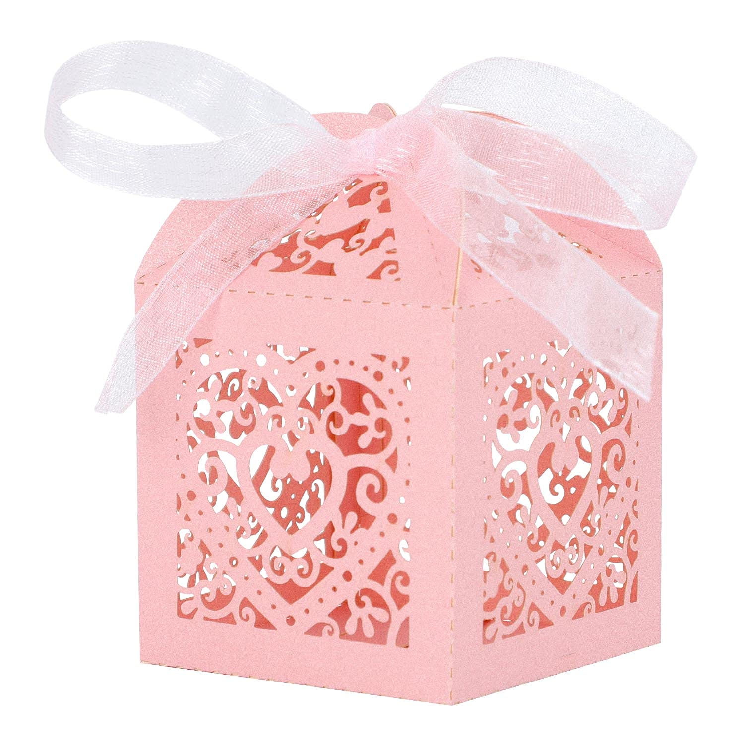 Kslong 50 Pack Pink Heart-Shaped Wedding Favor Boxes - 2x2x2 Inch Small Chocolate Candy Gift Boxes with Ribbon for Wedding, Birthday & Baby Shower Party Decorations - Perfect for Guest Favors, Bridal Showers & Special Events