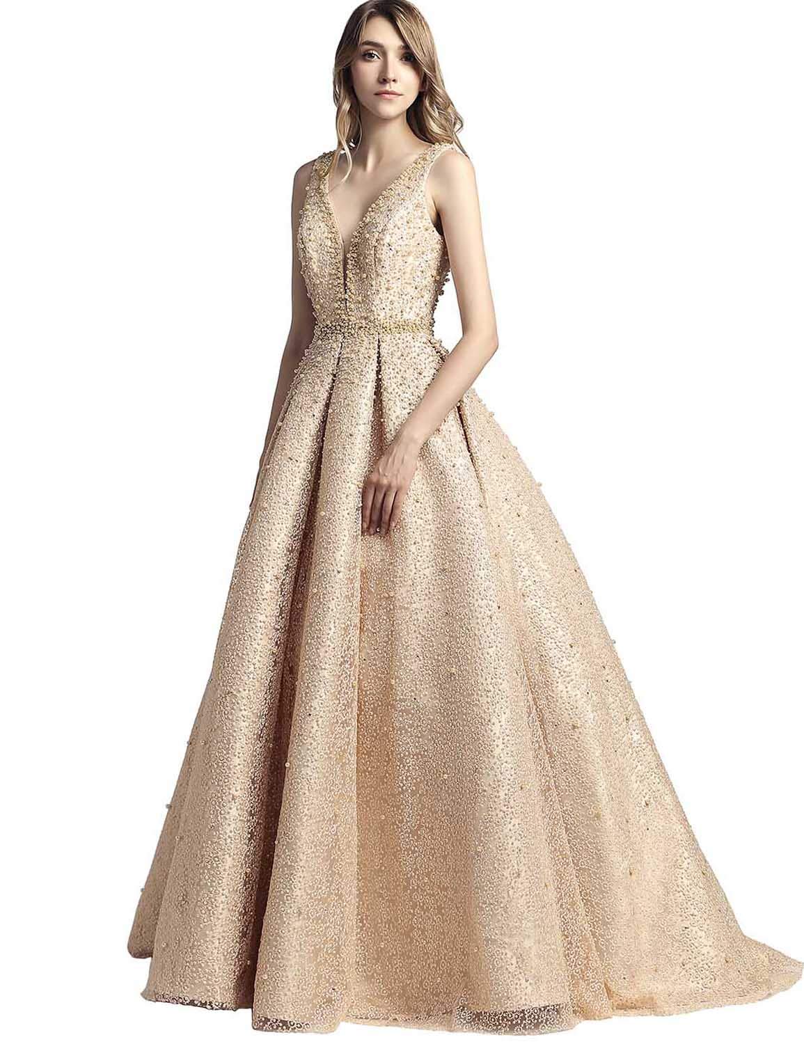 Sarahbridal Women's Rhinestone Pearl Embellished Double V-Neck Prom Dress 2022 - Elegant Evening Gown for Formal Ball, Homecoming, Wedding & Special Occasions