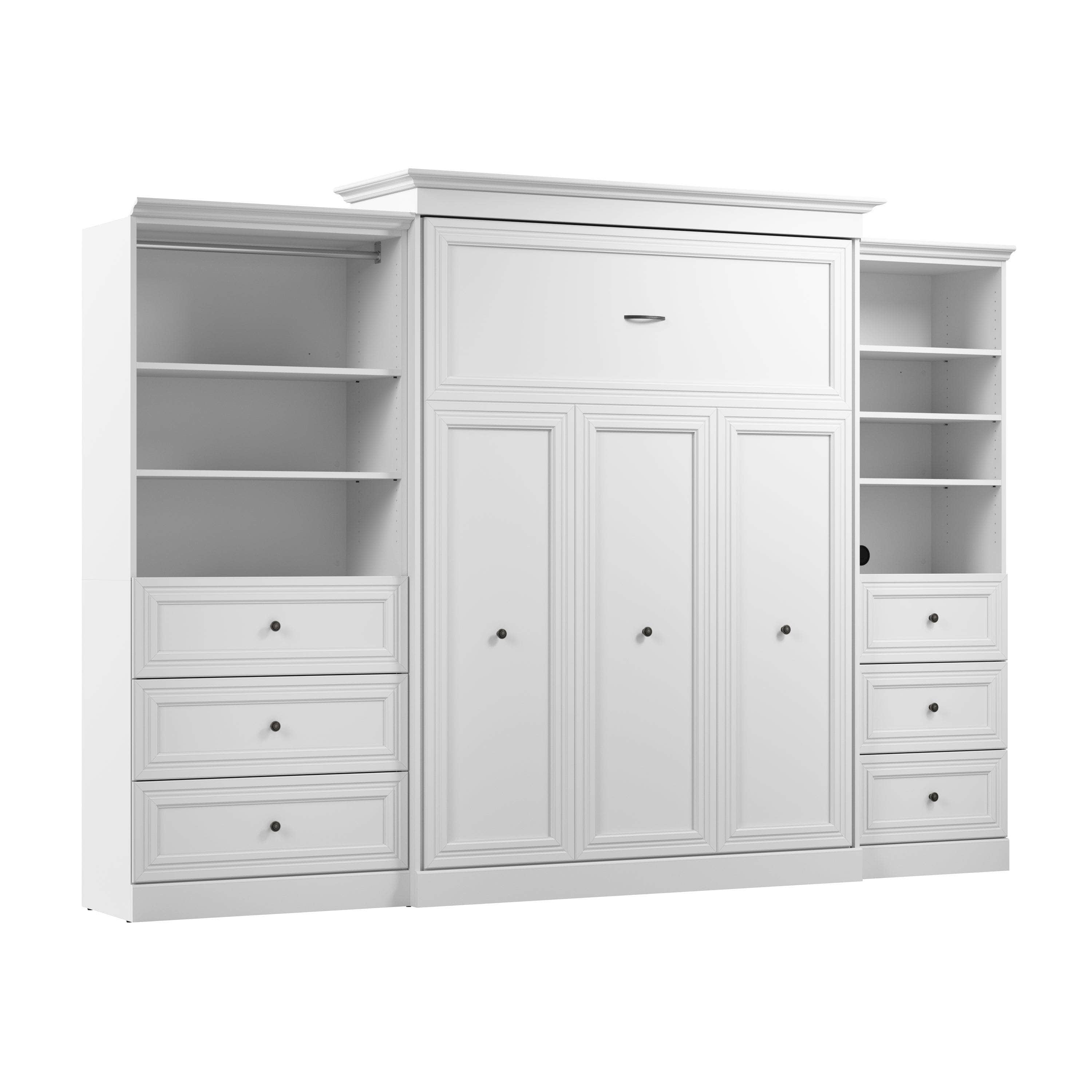 White Queen Murphy Wall Bed with Closet Organizers & Drawers - Space Saving Foldable Bed for Small Apartments, Guest Rooms & Home Offices