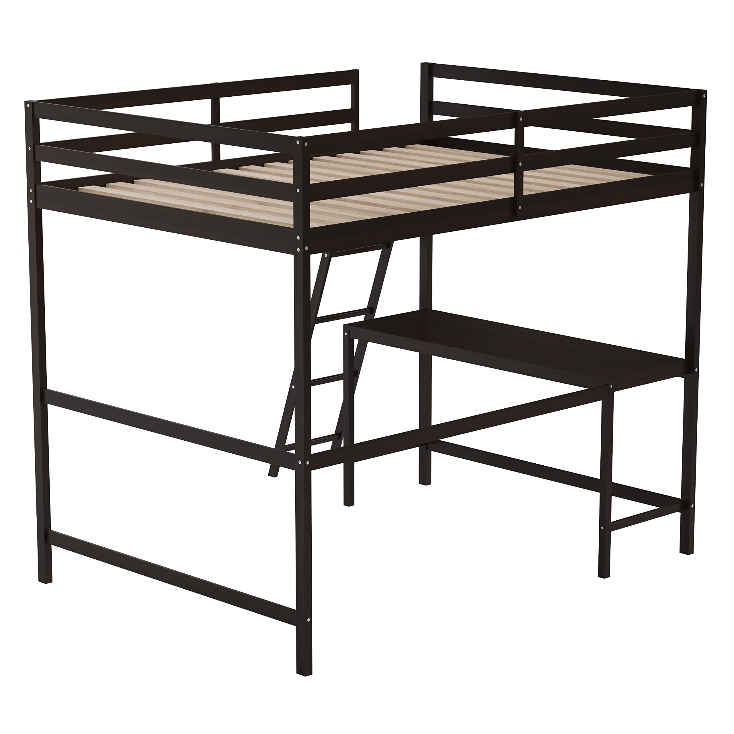 Full Size Loft Bed Frame with Built-in Desk & Ladder - Espresso Wood Slats with Protective Guard Rails - Space Saving Kids & Teens Bed - Perfect for Small Bedrooms, Dorms, and Studio Apartments