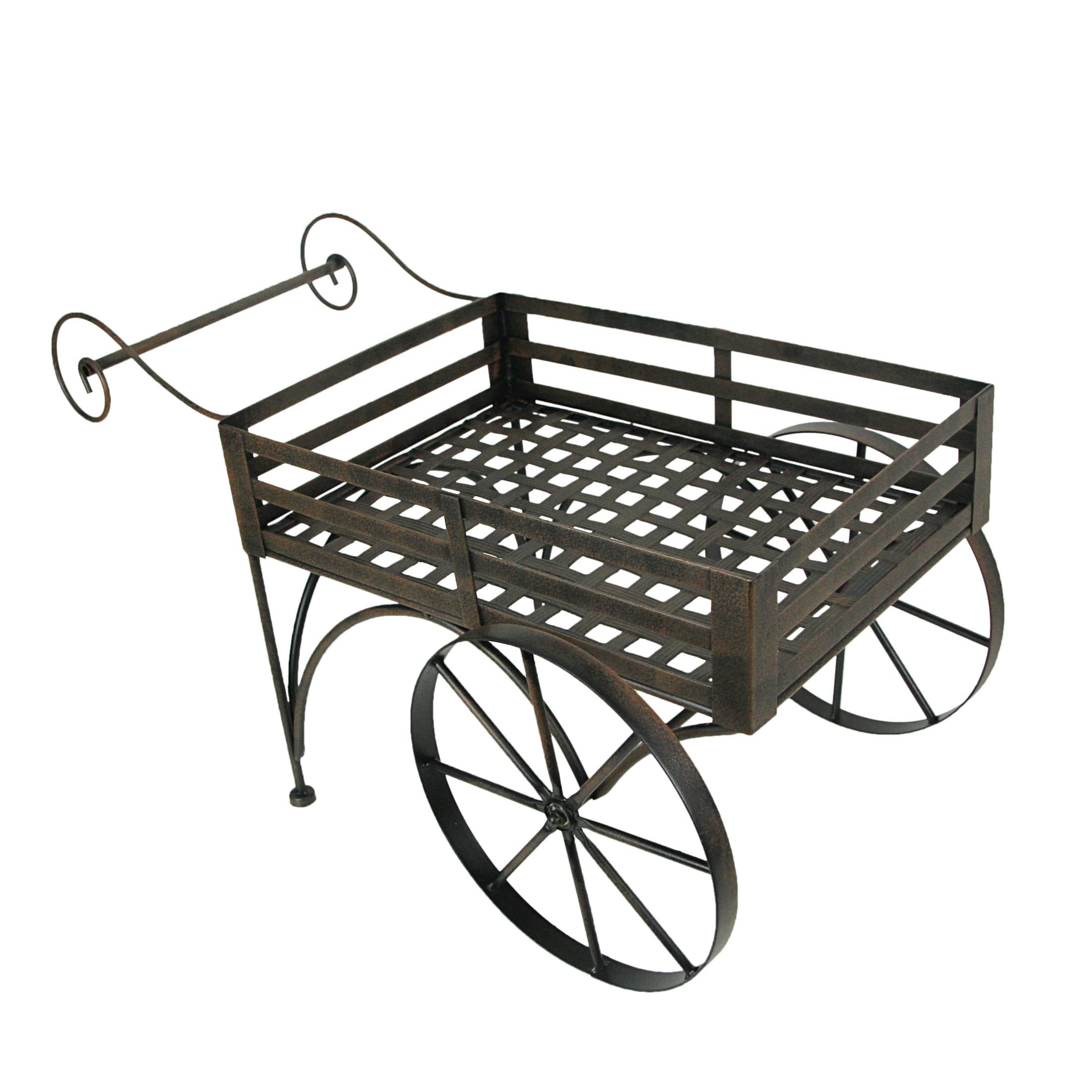 Rustic Brown Metal Wagon Cart Plant Stand - Indoor Outdoor Flower Pot Holder - Garden Decor for Patio, Balcony & Home - Perfect for Succulents, Herbs & Decorative Plants