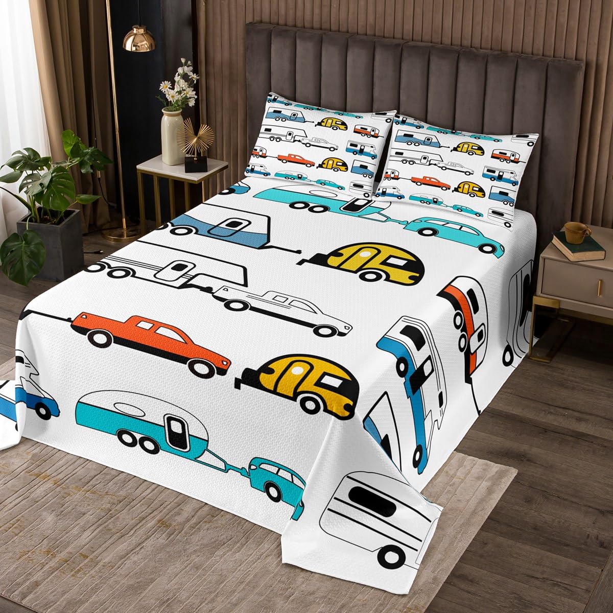 Happy Camping Quilt King Size - Colorful RV Bedspread for Kids | Travel & Home Decor