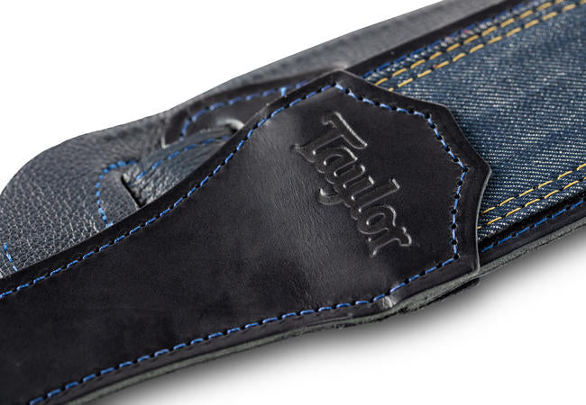 Taylor Guitars D-250 10 Embossed Logo Blue Denim Guitar Strap with Navy Leather Edges - Comfortable & Adjustable 2.5