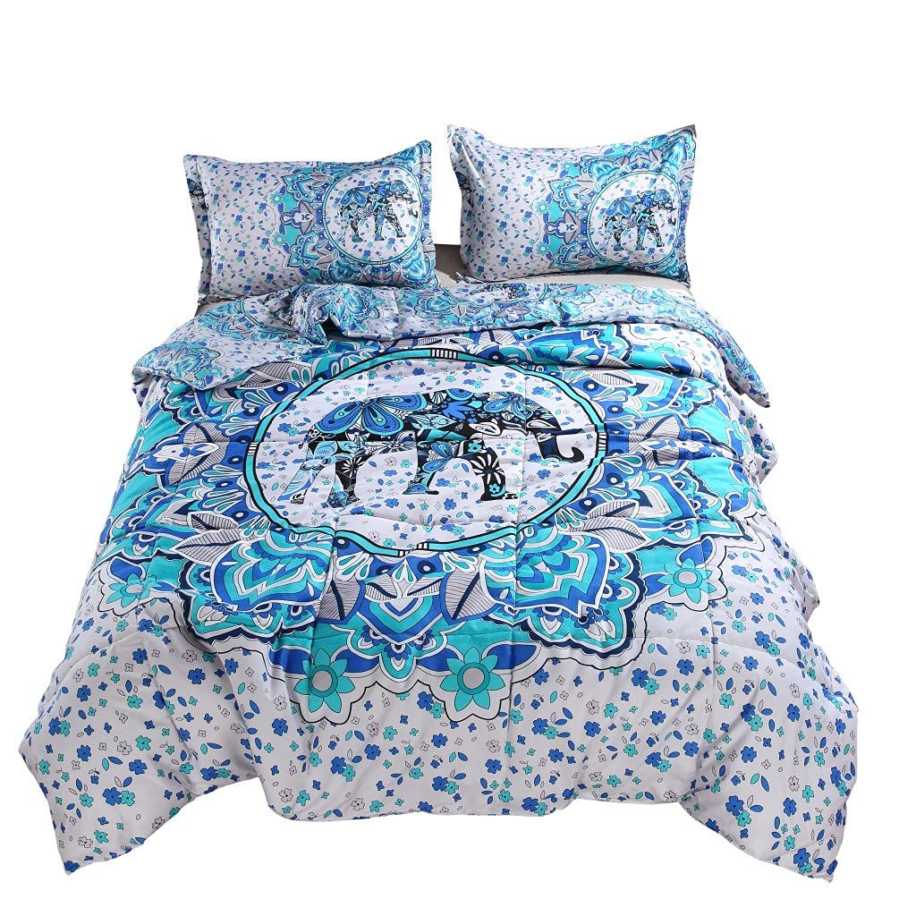 Teal Blue Elephant Bohemian Paisley Comforter Set - Soft Reversible All-Season Boho Hippie Geometric Bedding for Twin Bed (3-Piece) | Perfect for Bohemian Bedroom Decor & Guest Room Styling