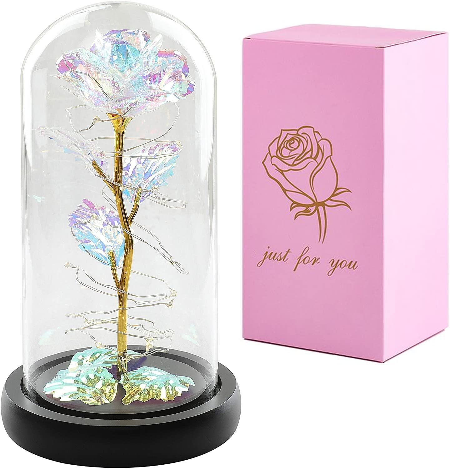 Galaxy Rose Flower Gift with LED Light in Glass Dome - Perfect Birthday, Anniversary, Valentine's Day, Mother's Day Gift for Women - Romantic Home Decor & Night Light for Bedroom, Living Room