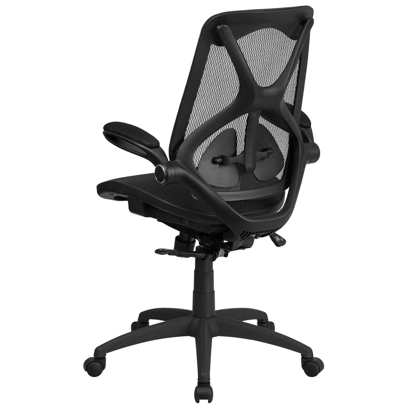 FLASH Kimble High Back Ergonomic Office Chair - Transparent Black Mesh, Adjustable Lumbar Support, 2-Paddle Control & Flip-Up Arms - Perfect for Home Office, Gaming & Executive Workspaces
