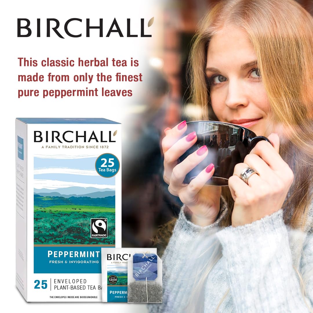Organic Birchall Peppermint Herbal Tea - 25 Individually Wrapped Tea Bags | Caffeine-Free, Digestive Aid & Stress Relief | Perfect for Afternoon Relaxation or Post-Meal Refreshment