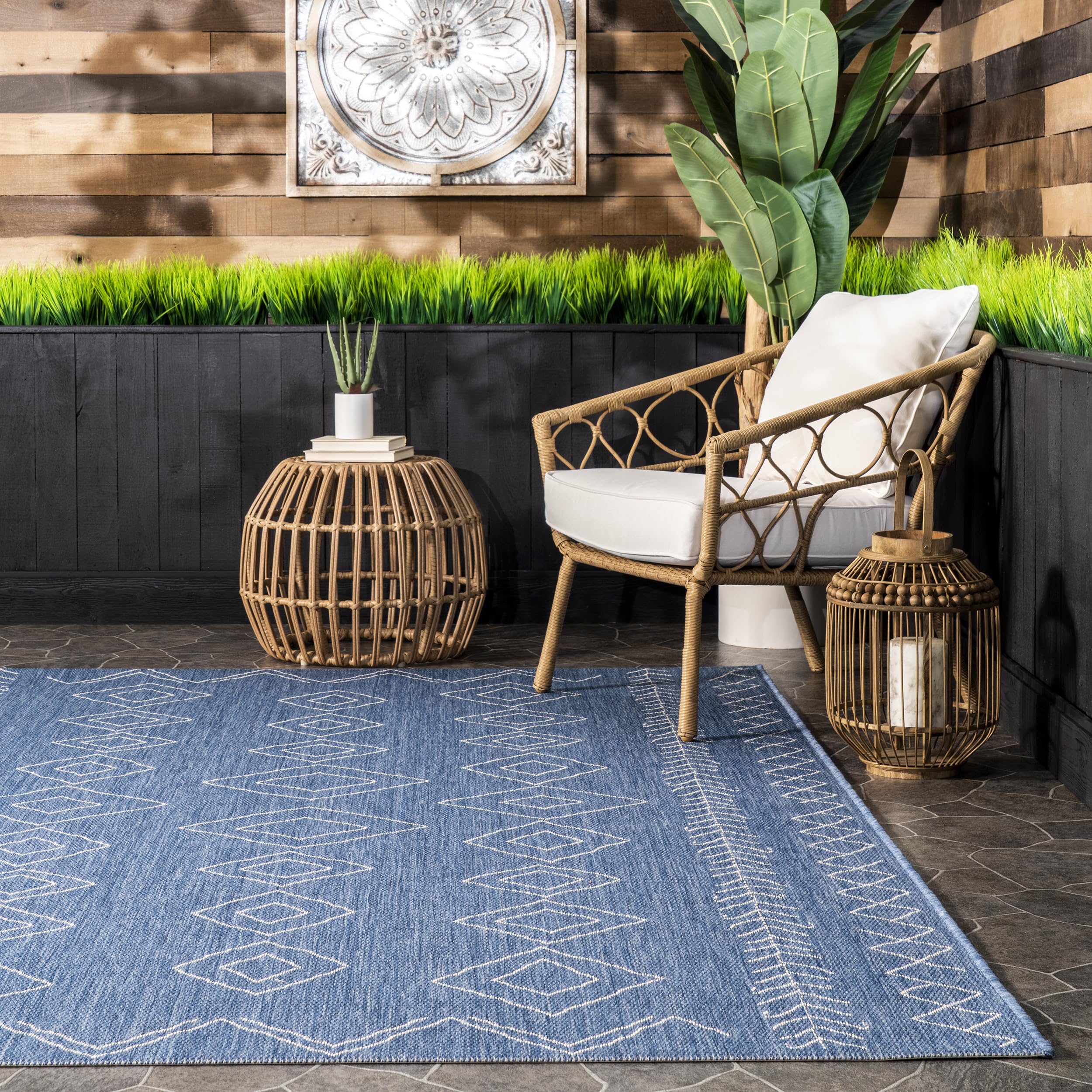 nuLOOM Moroccan Indoor/Outdoor Area Rug 6'x6' Square - Serna Blue Handwoven Boho Chic Rug for Living Room, Bedroom, Patio & Deck Decor