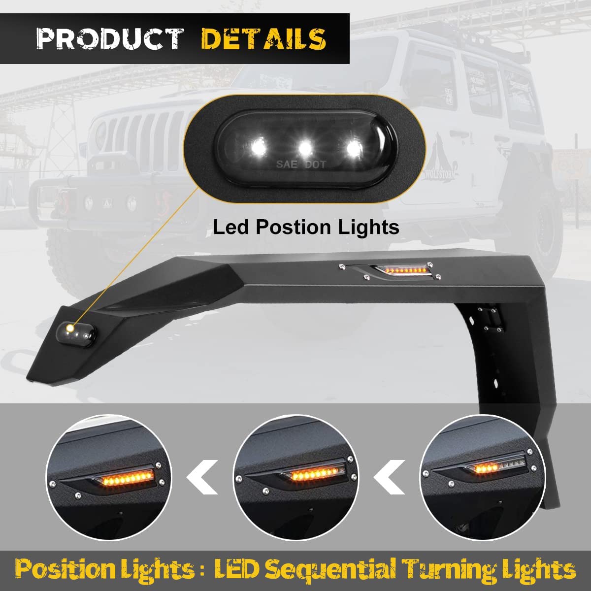 HAWKLEY Offroad Fender Flares with DRL & Sequential LED Turn Lights for 2018-2025 Jeep Wrangler JL & JLU Unlimited (Sport, Sahara, Rubicon) - Durable Front Fender Liners for Enhanced Off-Roading & Night Driving Safety