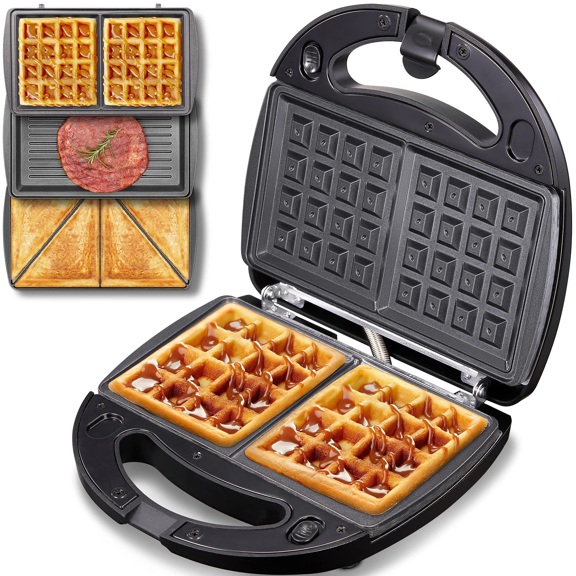 Yabano 3-in-1 Waffle Maker & Toaster - 800W Electric Sandwich Press with Removable Plates for Waffles, Pancakes & Toast - Non-Stick Coating & LED Indicators - Perfect for Breakfast, Brunch & Family Gatherings