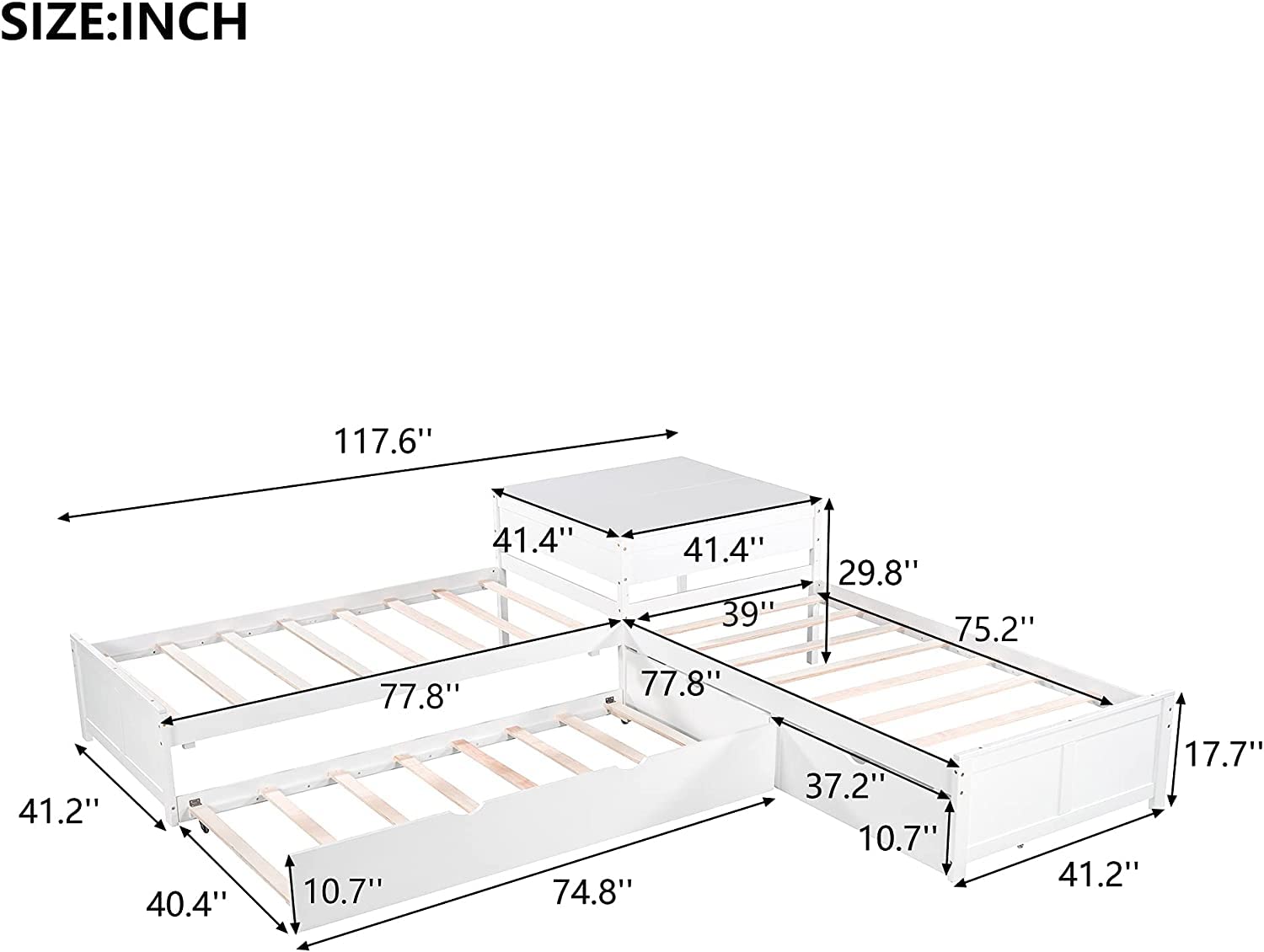**L-Shaped Wooden Platform Bed with Trundle & Drawers - Twin Size, White - Built-in Desk & 3 Twin Beds for Kids, Teens, Boys & Girls - Perfect for Small Bedrooms, Shared Rooms & Multi-Kid Spaces**