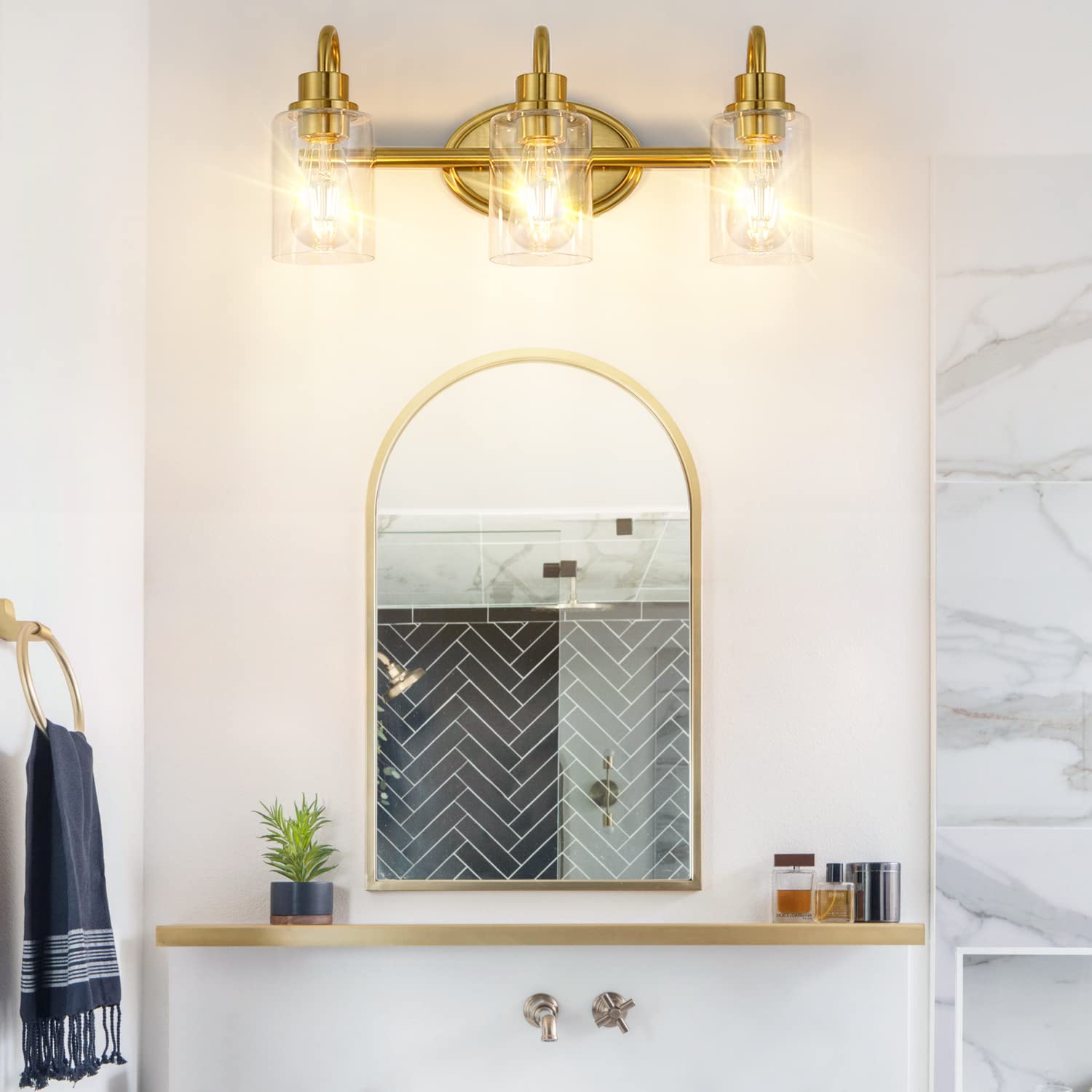 Modern 3-Light Brushed Brass Vanity Light Fixture with Clear Glass - Gold Bathroom Lighting for Mirrors & Vanities, Dimmable LED Compatible - Perfect for Bathroom, Powder Room & Kitchen Decor