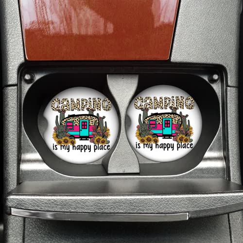 Camping Is My Happy Place - 4 Pack Absorbent Car Cup Coasters for Outdoor Adventures, Road Trips & Daily Commute