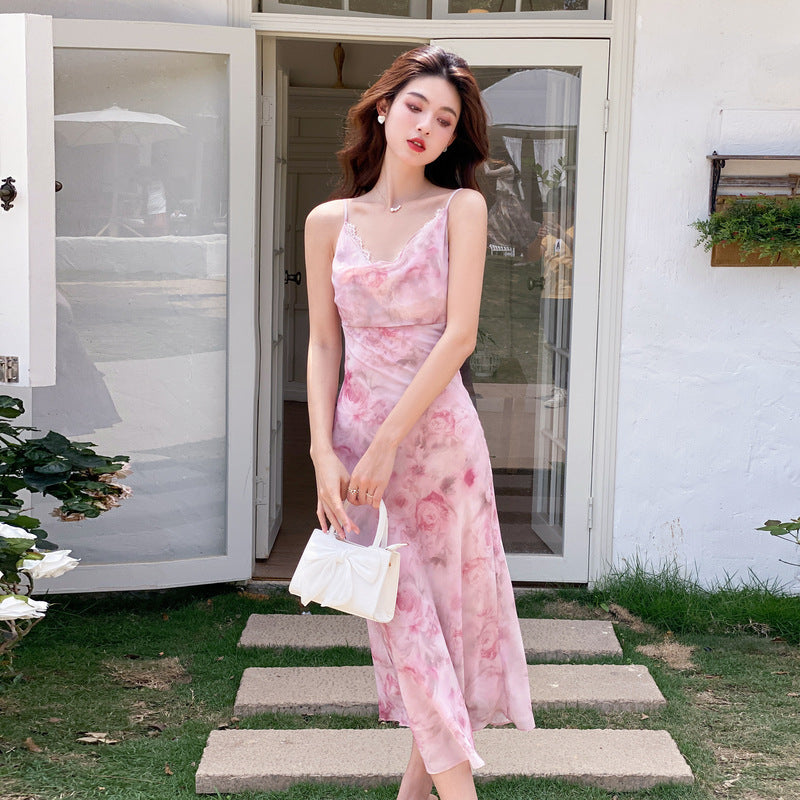 Fairy Spaghetti Strap Summer Dress - Pink Floral Printed Long Maxi Dress 1072 | Perfect for Beach Vacations, Date Nights & Summer Parties