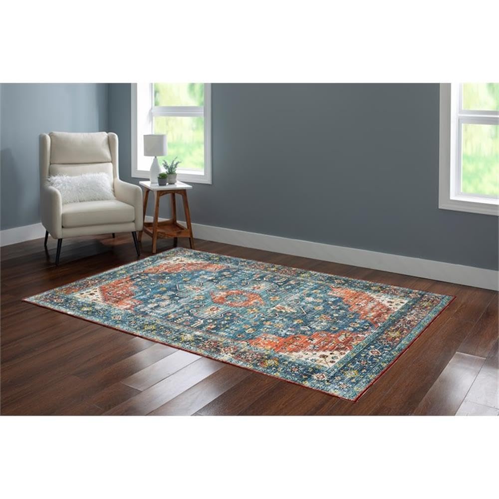 Linon Washable Langley Polyester 5'x7' Area Rug in Teal Blue - Soft & Durable Living Room Rug for Bedroom, Office, or Entryway Decor