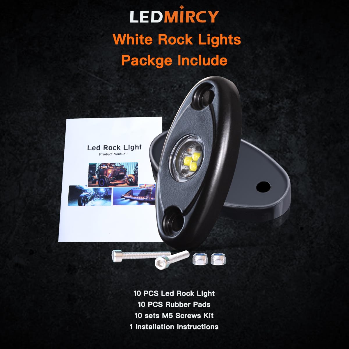 10PCS White LED Rock Lights - Waterproof High Power Neon Off Road Lights for Truck, RZR, ATV, SUV, Boat - Perfect for Trail Rig, Night Off-Roading & Underbody Lighting (Pack of 10, White)