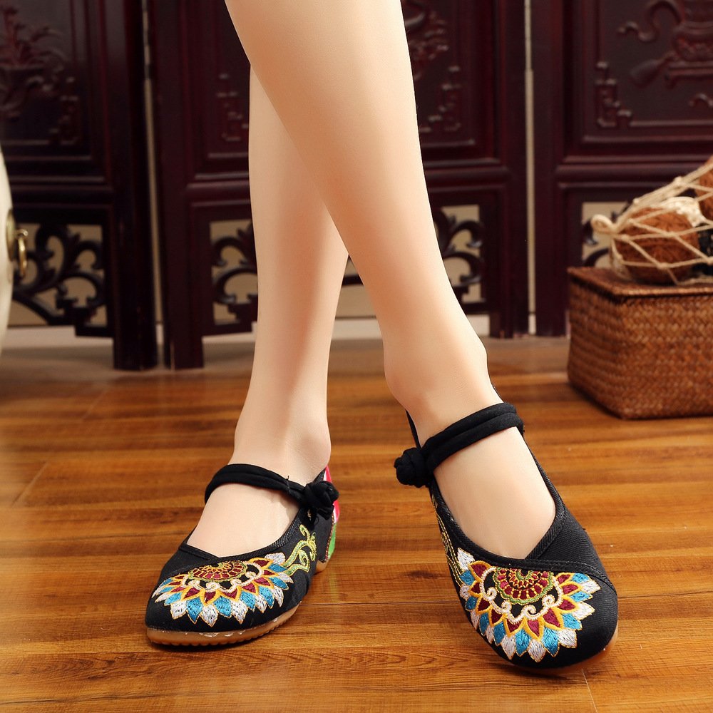 Qhome Women's Fashion Buddhism Totem Embroidery Casual Chinese Mary Jane Flats Shoes - Comfortable & Stylish Slip-Ons for Daily Wear, Work, and Cultural Events