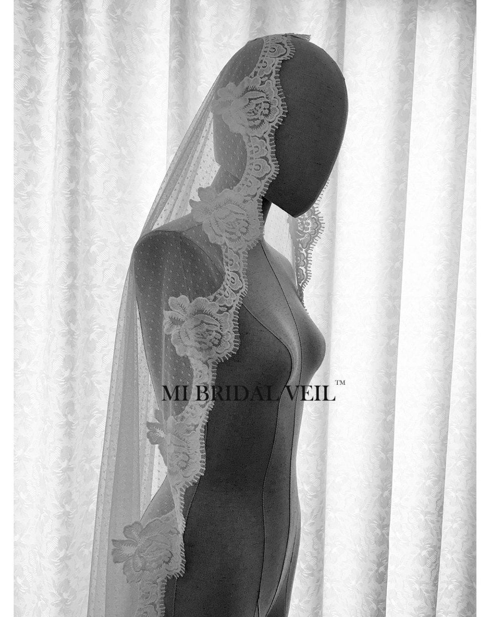Polka Dot Mantilla Lace Wedding Veil - Vintage Inspired Rose Lace Waltz Bridal Veil by Mi Bridal | Perfect for Boho, Vintage & Romantic Weddings