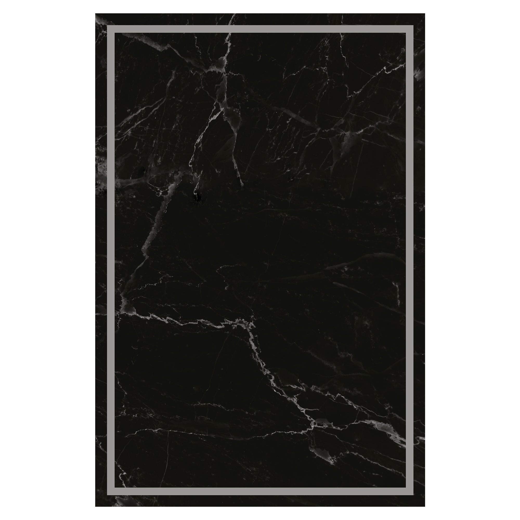 Black Marble Border Decorative Vinyl Floor Mat 4.5' x 6.5' - Stain Resistant, Latex Free, Non-Slip Rectangle Rug for Kitchen, Bathroom & Entryway