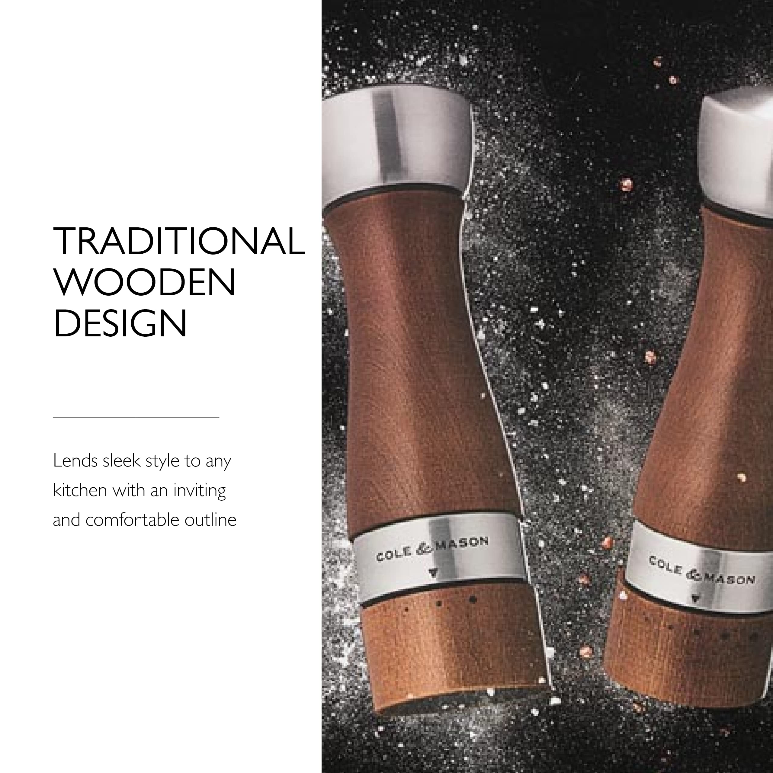 COLE & MASON Oldbury Wooden Salt and Pepper Grinder Set - Premium Adjustable Gourmet Mills with Precision Mechanism, Includes Gift Box & Sea Salt & Peppercorns - Perfect for Kitchen, Dining Table & Gift Giving