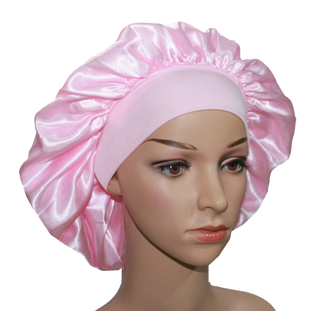 Veyrneic Satin Sleep Bonnet for Women - Wide Elastic Band Silk Night Cap for Braids, Natural Hair & Chemo - Includes Satin Storage Bag (Pink) | Perfect for Nighttime Hair Protection, Shower & Travel Use