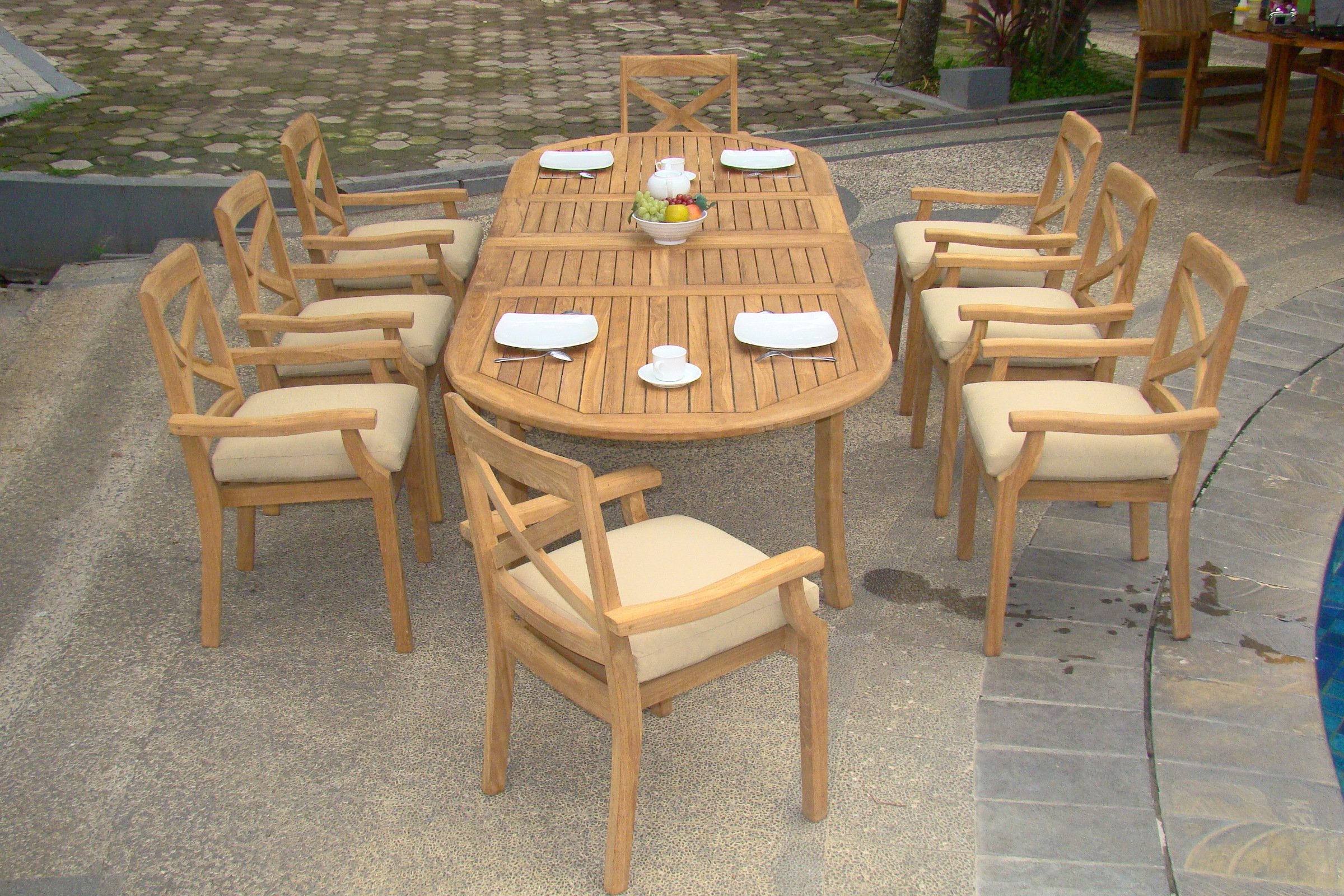 Premium 9-Piece Teak Wood Dining Set with 94-Inch Oval Table & 8 Stackable Granada Arm Chairs - Grade-A Luxury Outdoor Furniture for Patio, Garden, and Backyard Entertaining