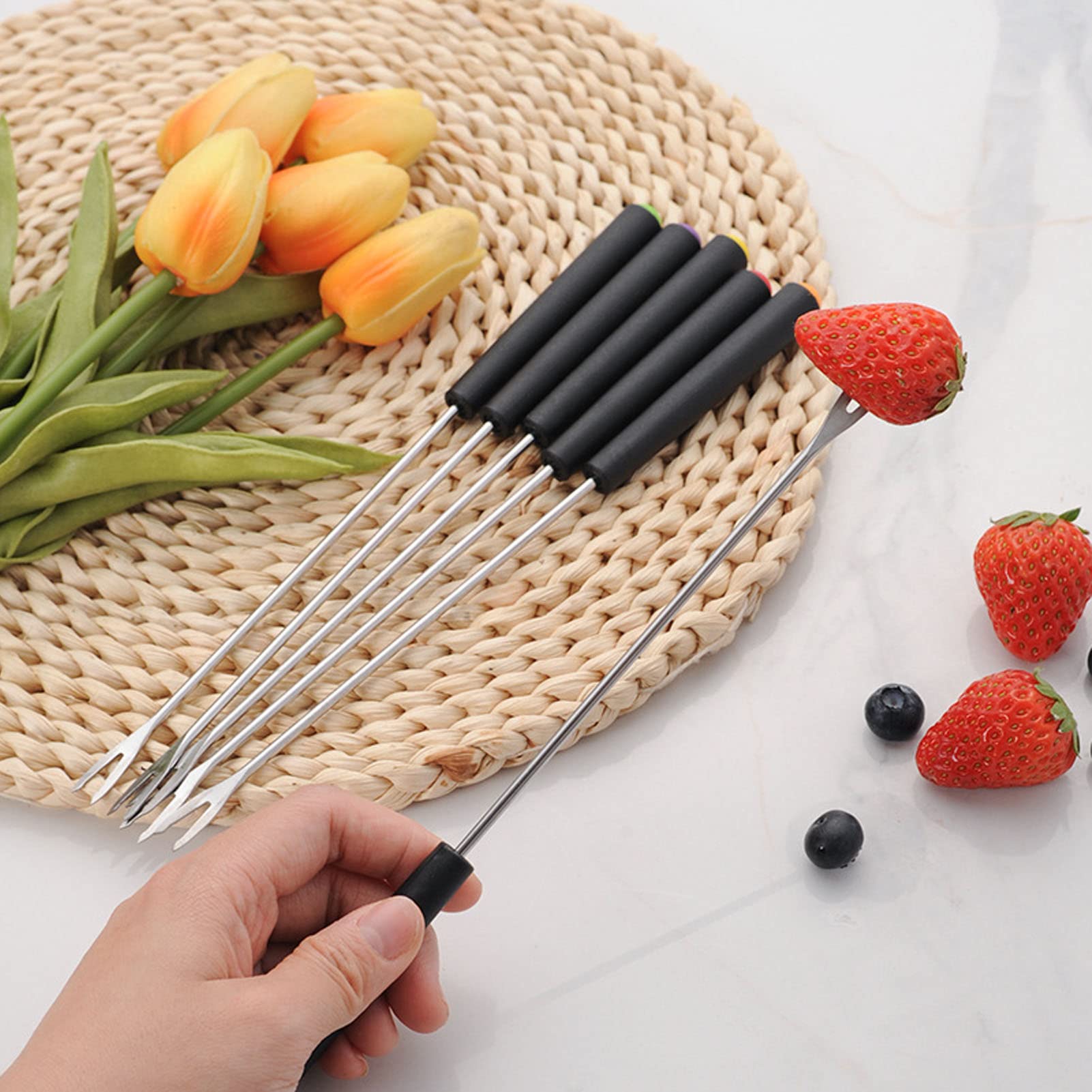 6-Piece Stainless Steel Fondue Forks Set with Wooden Handles - Long Roasting Sticks for Chocolate Fountain, Cheese, Smores, Desserts & Fruits - Perfect for Parties, Camping & Family Gatherings