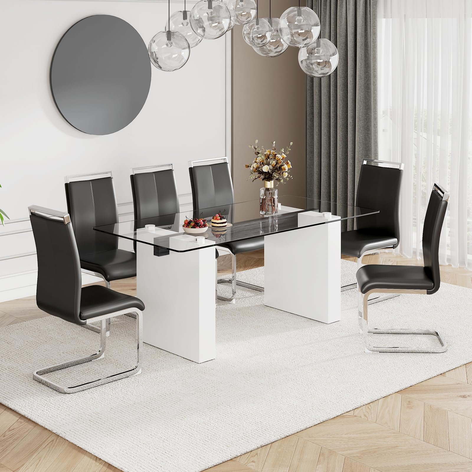 **FURNITO 71-inch Modern White Dining Table Set for 6 with PU Leather Chairs - Kitchen & Dining Room Furniture - Easy Assembly for Home & Entertaining**
