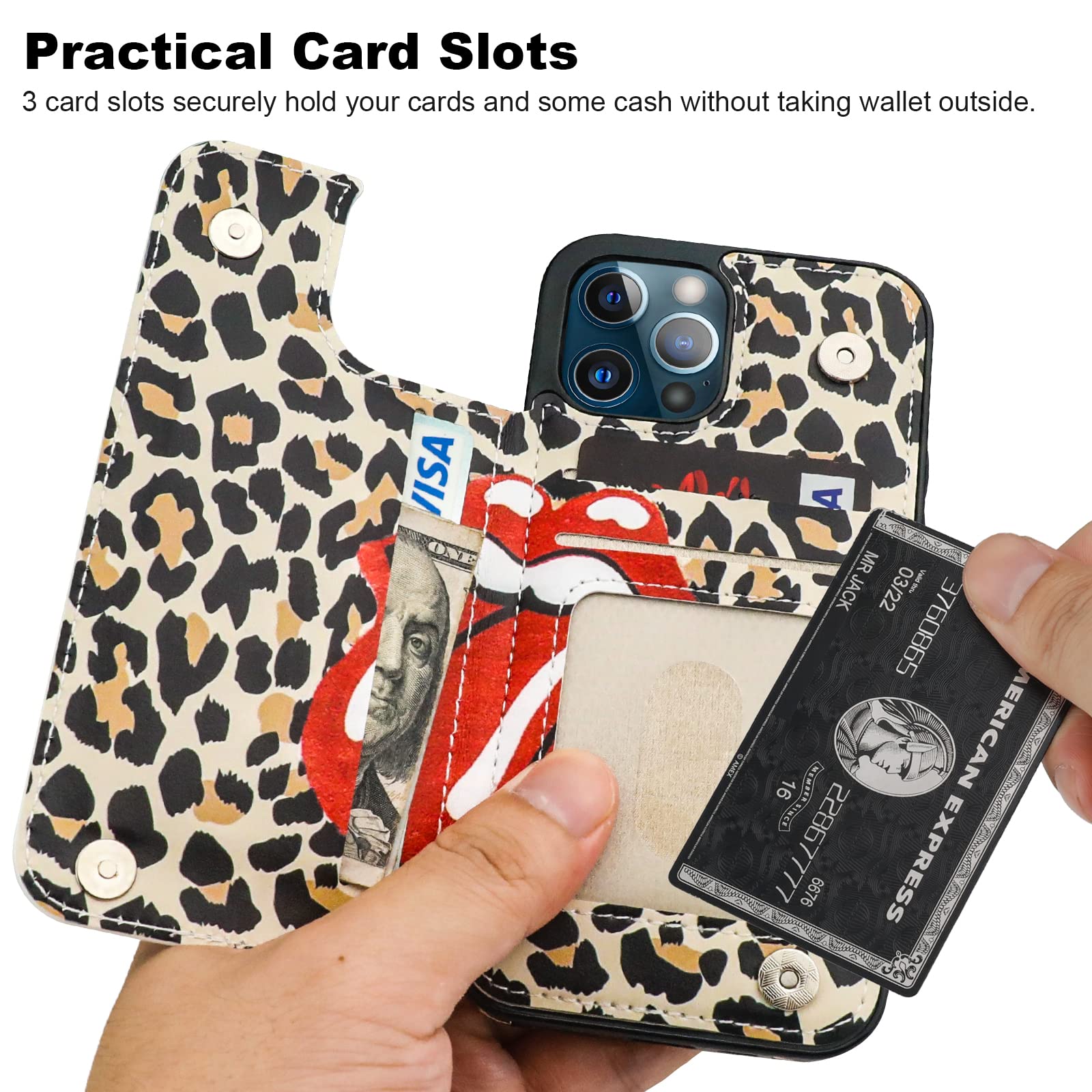 HAOPINSH iPhone 12/12 Pro Wallet Case with Card Holder - Leopard Print PU Leather Protective Cover with Kickstand | 6.1