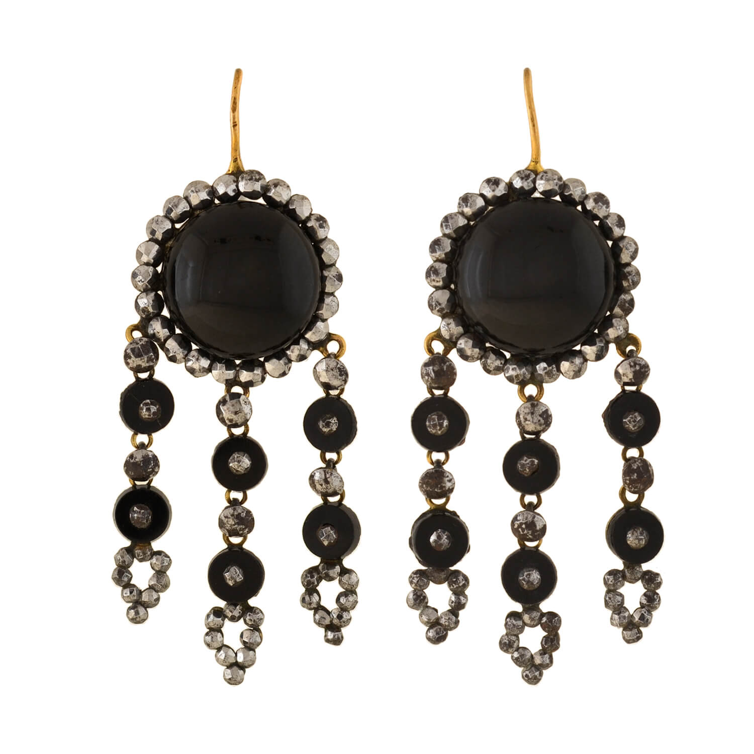 Victorian Style 14kt Gold Onyx & Cut Steel Dangle Earrings for Women - Elegant Vintage Jewelry for Evening Parties, Weddings & Special Occasions