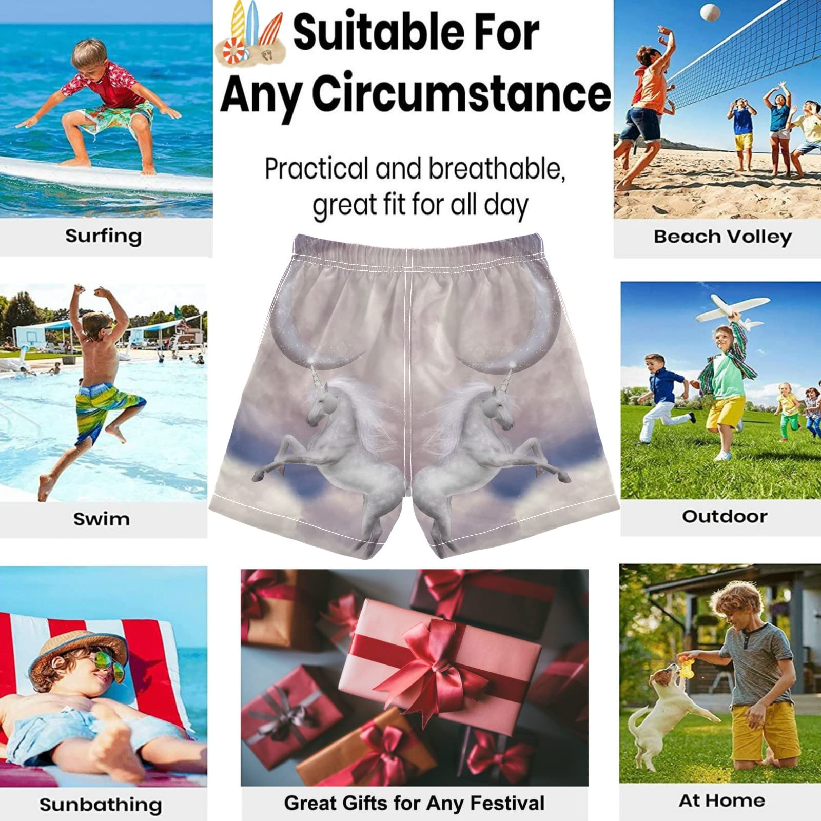 **Visesunny White Unicorn Moon Swim Trunks for Boys - Toddler & Kids Bathing Suits - Soft & Comfortable Baby Boy Swimsuit for Beach, Pool & Summer Fun**