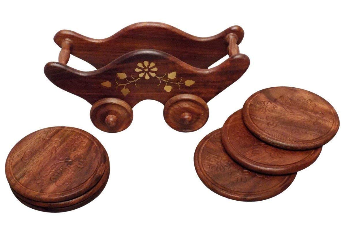 Handmade Wooden Miniature Boat Tea Coaster Set - 6 Piece Wood Tea Tray with Wheels for Coffee, Beer & Cups (7x4 Inch) - Perfect for Home Decor, Kitchen, Office & Gift Giving